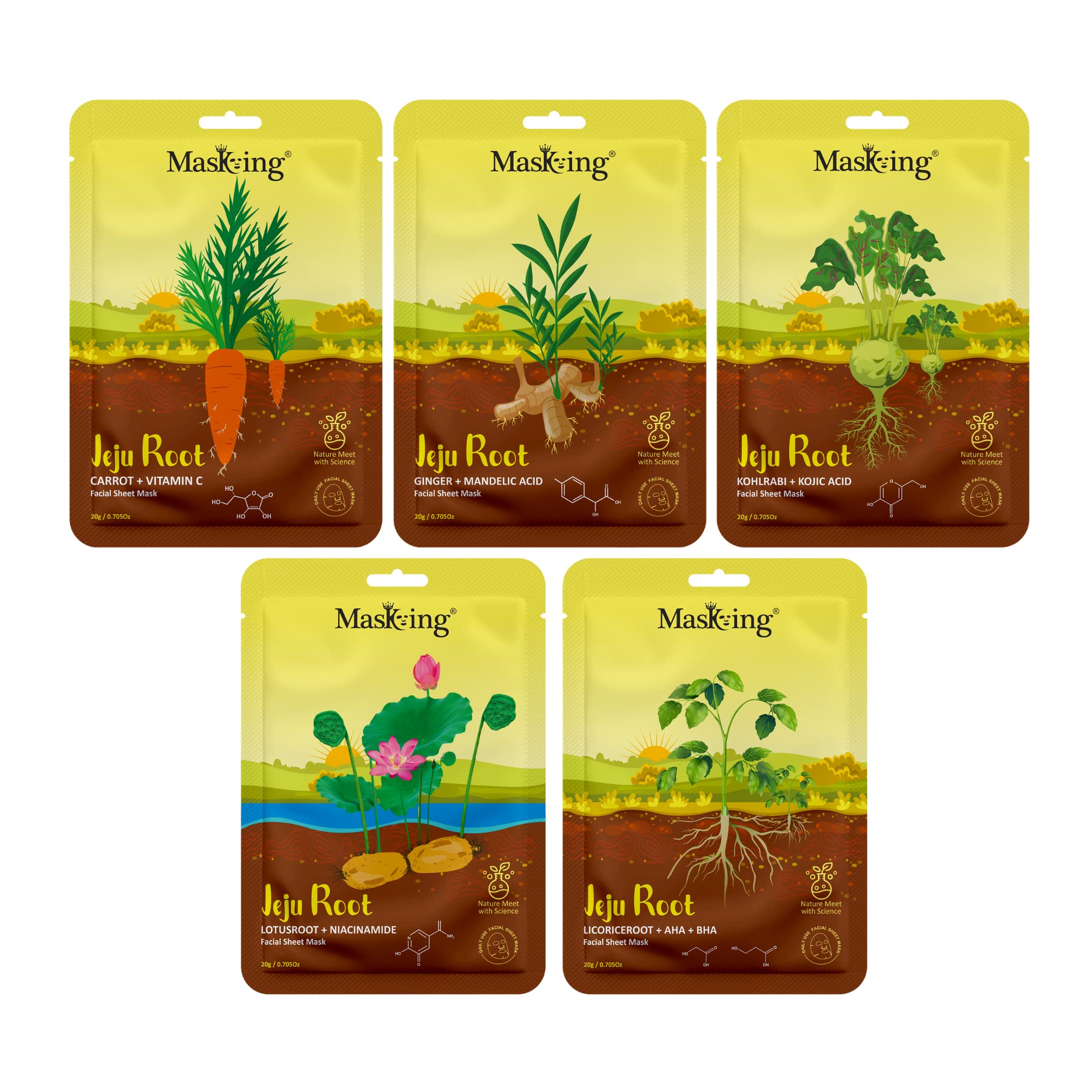 Jeju Root Brightening & Hydrating Face Sheet Mask - 5 Pack for Glowing Skin | Moisturizing Skincare for Women & Men | Perfect for Daily Use, Spa Nights & Travel