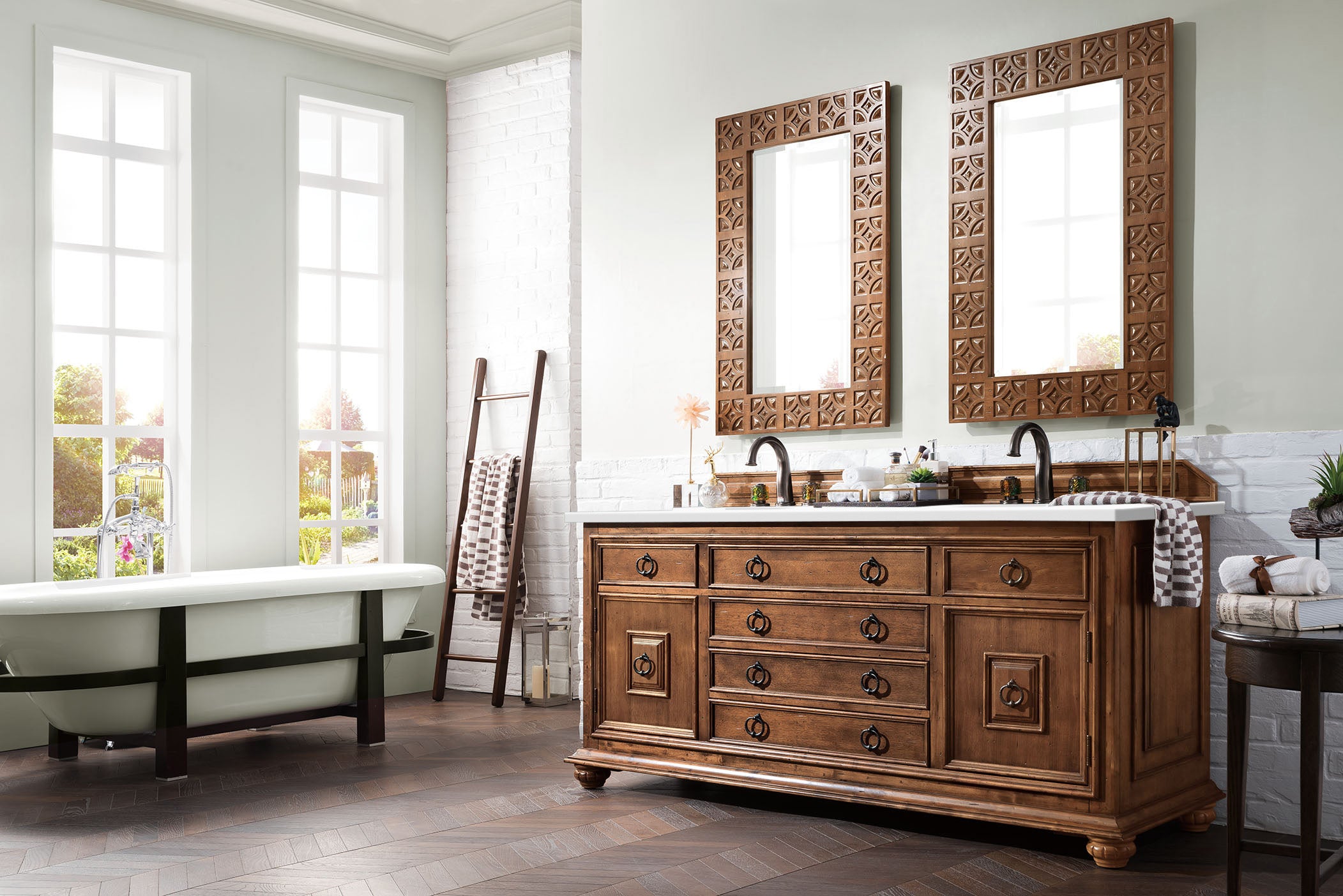 Mykonos 72 Inch Double Vanity Bathroom Cabinet with 3CM Classic White Quartz Countertop - Cinnamon Finish for Modern Master Bathroom & Powder Room Remodel
