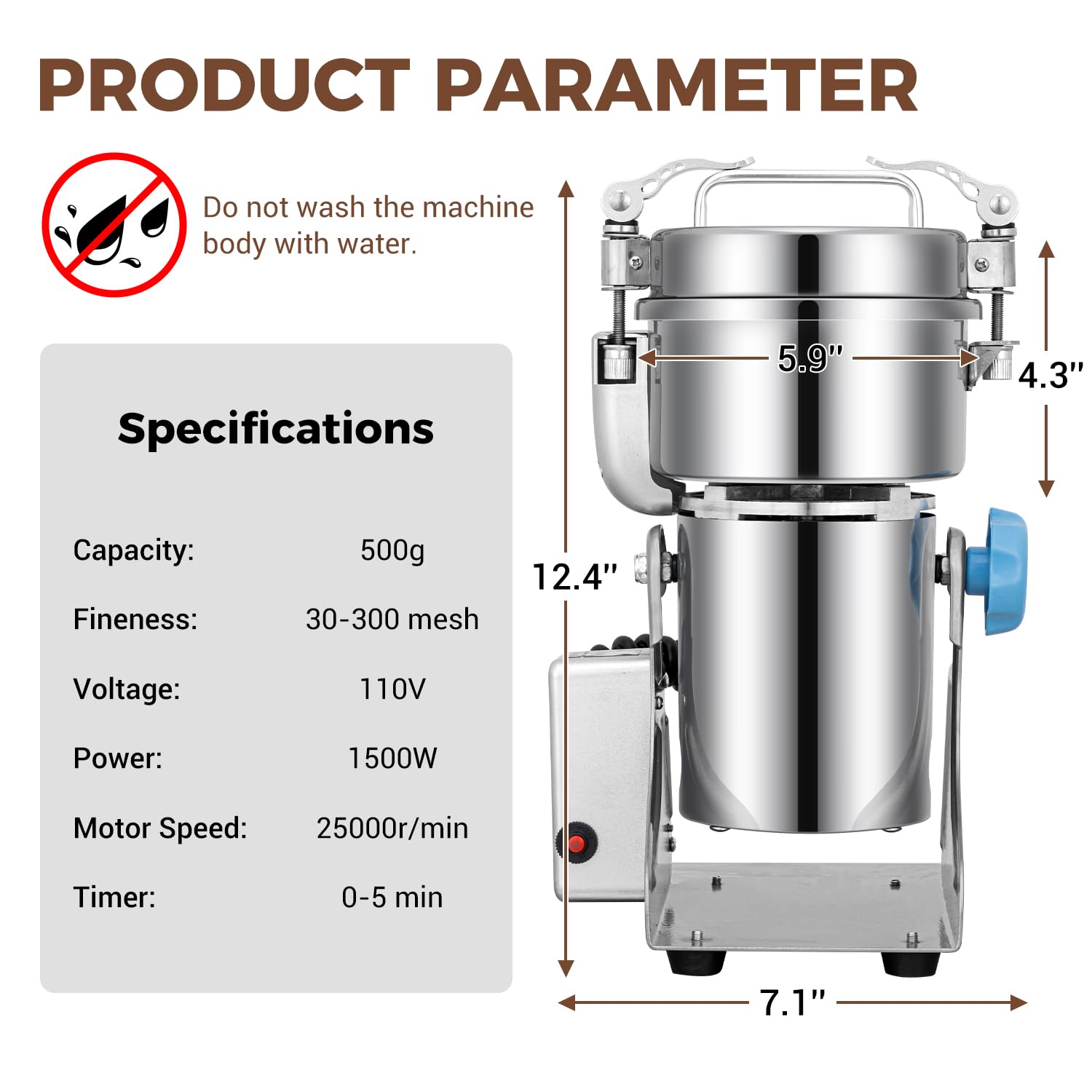 Commercial Electric Grain Mill Grinder 1500W - 500g Stainless Steel Spice Grinder for Wheat, Oats, Corn, Pepper & Coffee Beans - Perfect for Kitchen, Bakery & Coffee Shop Use