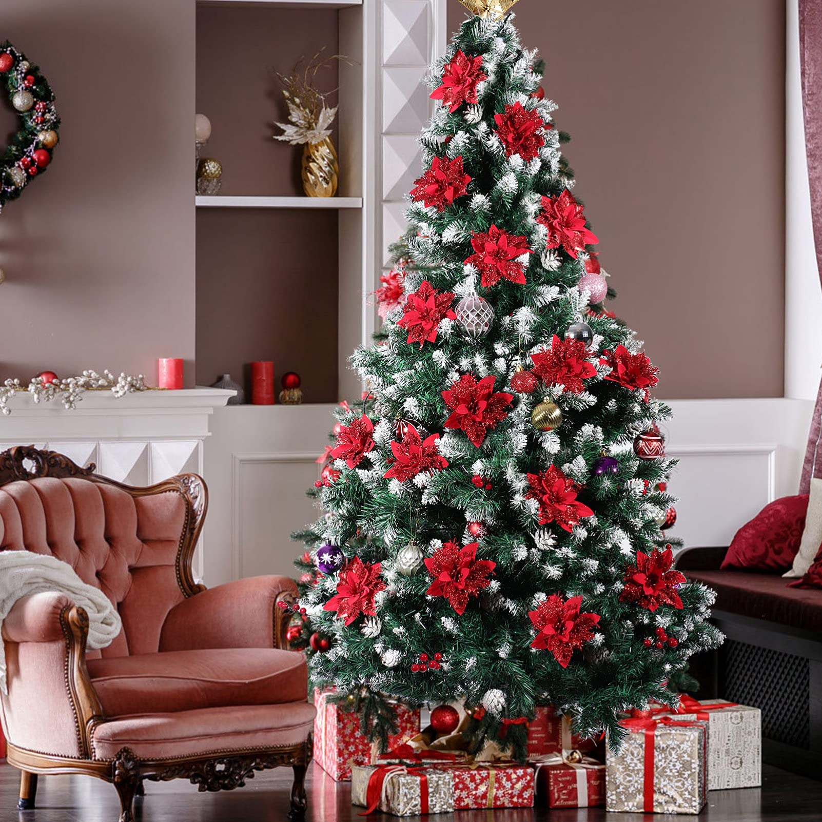 NUOBESTY 12-Piece Red Glitter Poinsettia Flowers Set - Artificial Christmas Tree Ornaments with Stems & Clips for Holiday Home Decor, Xmas Party & Festive Gift Wrapping