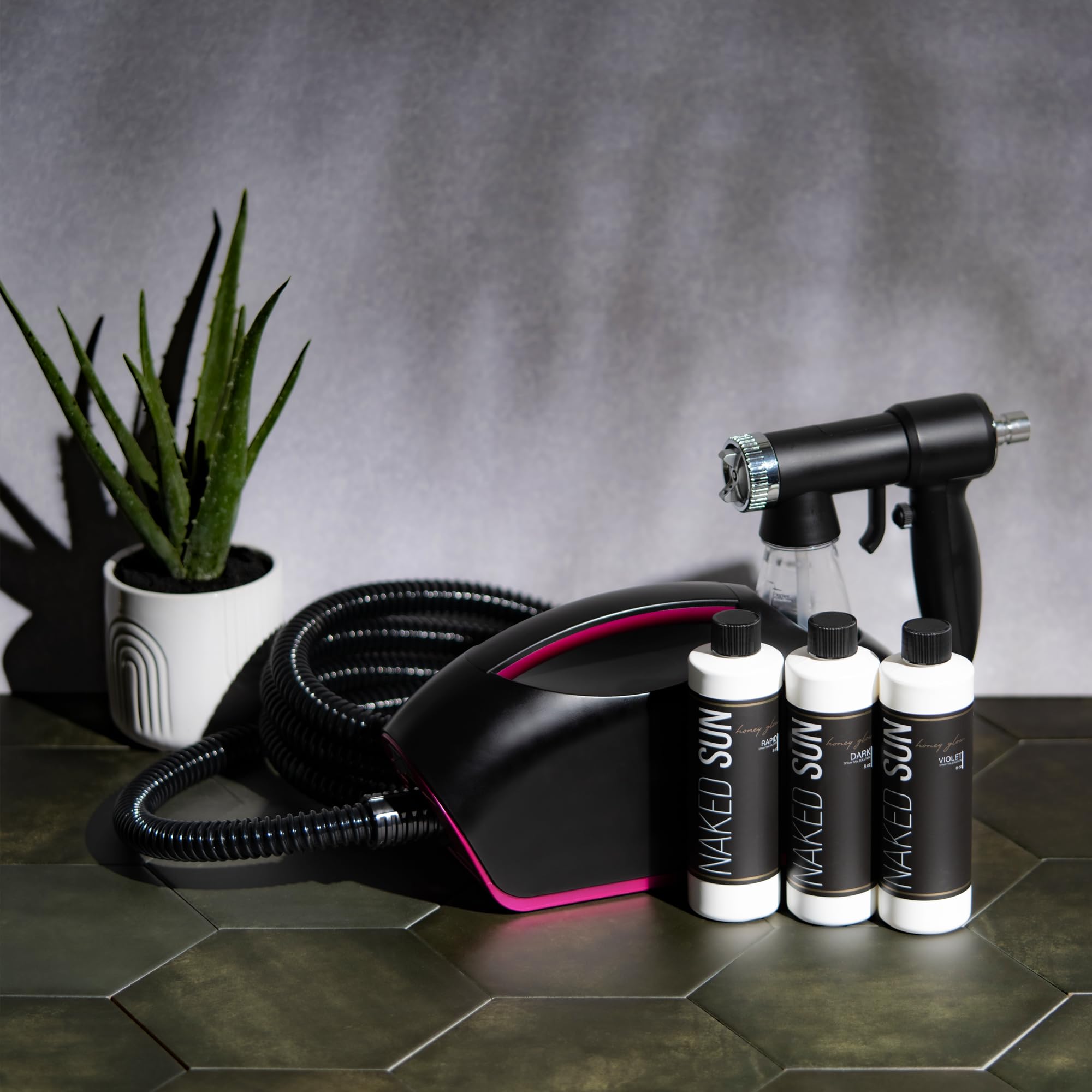 Professional Naked Sun Fascination Spray Tanning Machine Kit with Honey Glow Solution, Barrier Cream, Prep Spray & Tent - Complete 7-Piece Set for Salon & Home Use