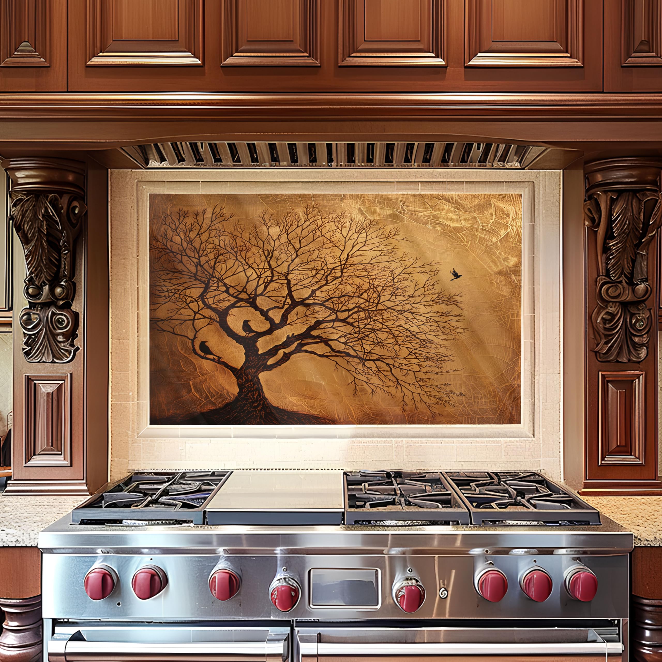 Tree of Life Tempered Glass Kitchen Backsplash - Heat Resistant, Easy to Clean Stove Backsplash, Stick-On Tiles for Modern Kitchen Walls, Perfect for Cooking and Baking Spaces