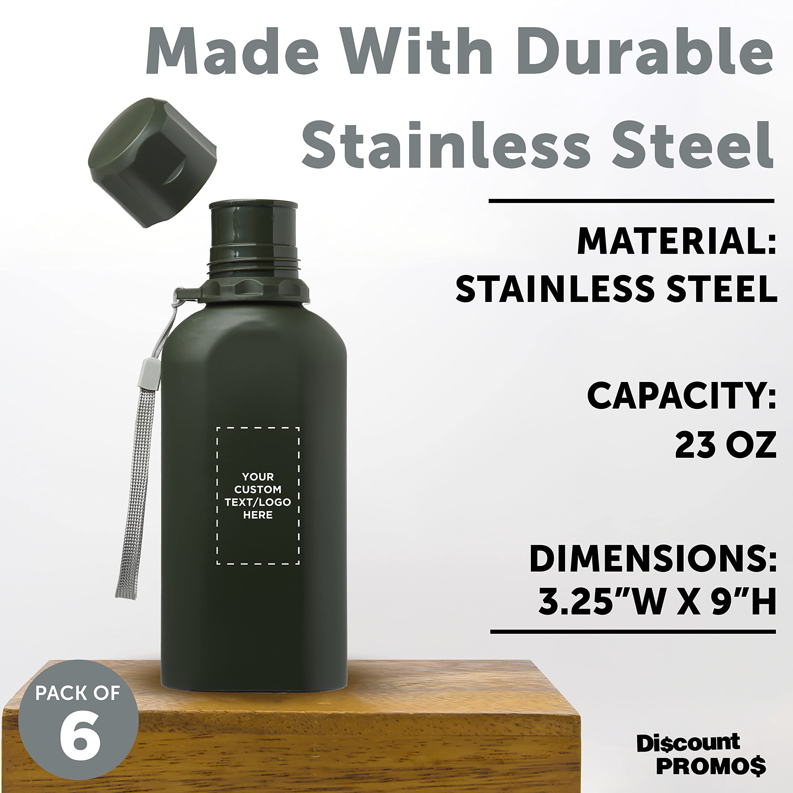 Customized 23 oz Stainless Steel Water Bottles Set of 6 - Reusable Insulated Cadet Bottles for Gym, Hiking, Cycling & School - Bulk Personalized Army Green Water Bottles - Perfect for Sports, Outdoor Activities & Daily Hydration