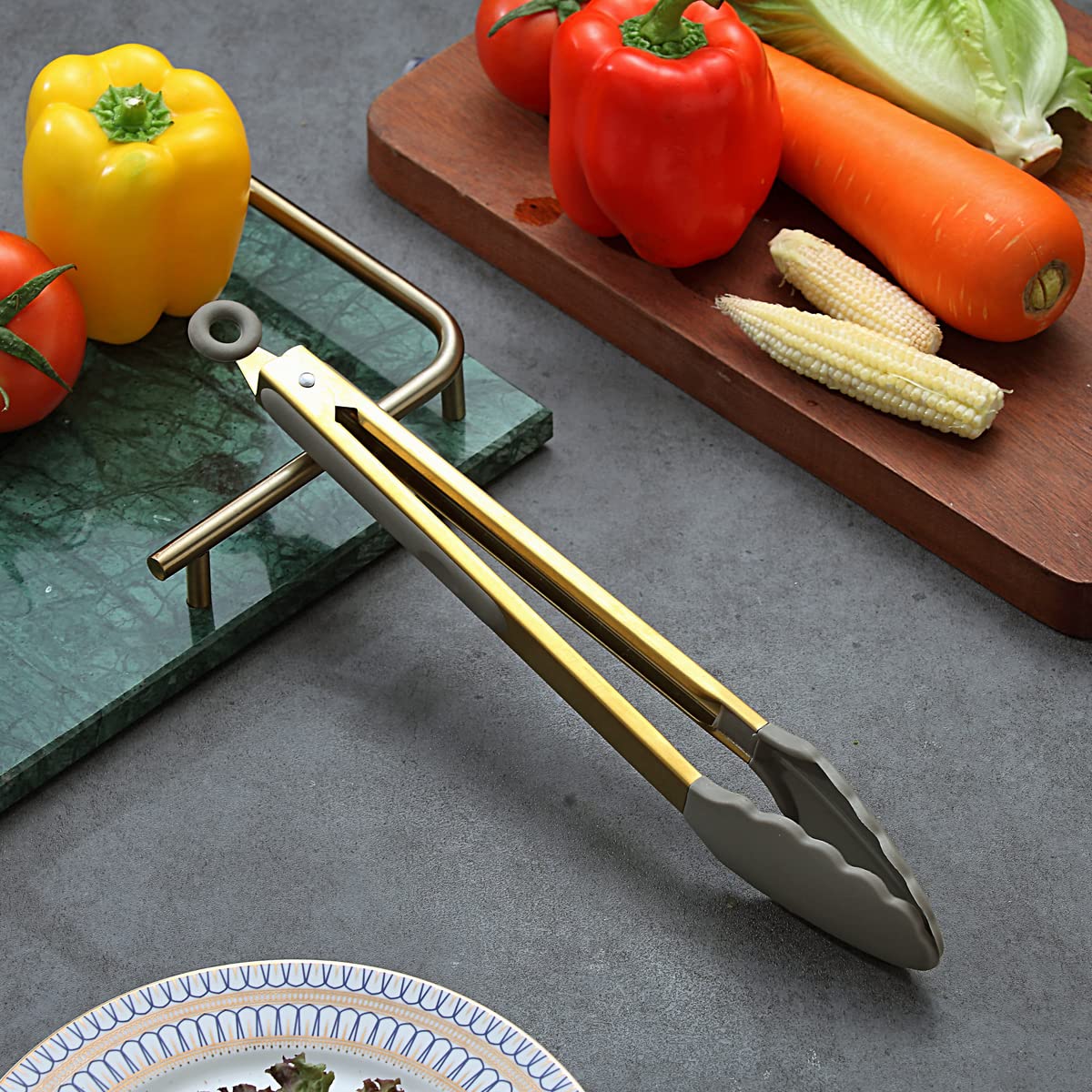 Premium Gold Cooking Tongs - Heavy Duty Stainless Steel Kitchen Tongs with Heat-Resistant Silicone Tips & Titanium Gold Plated Handle for Grilling, BBQ, Serving, Baking & Salad Tossing - Dishwasher Safe & Easy Clean Kitchen Utensils for Professional Chefs & Home Cooking