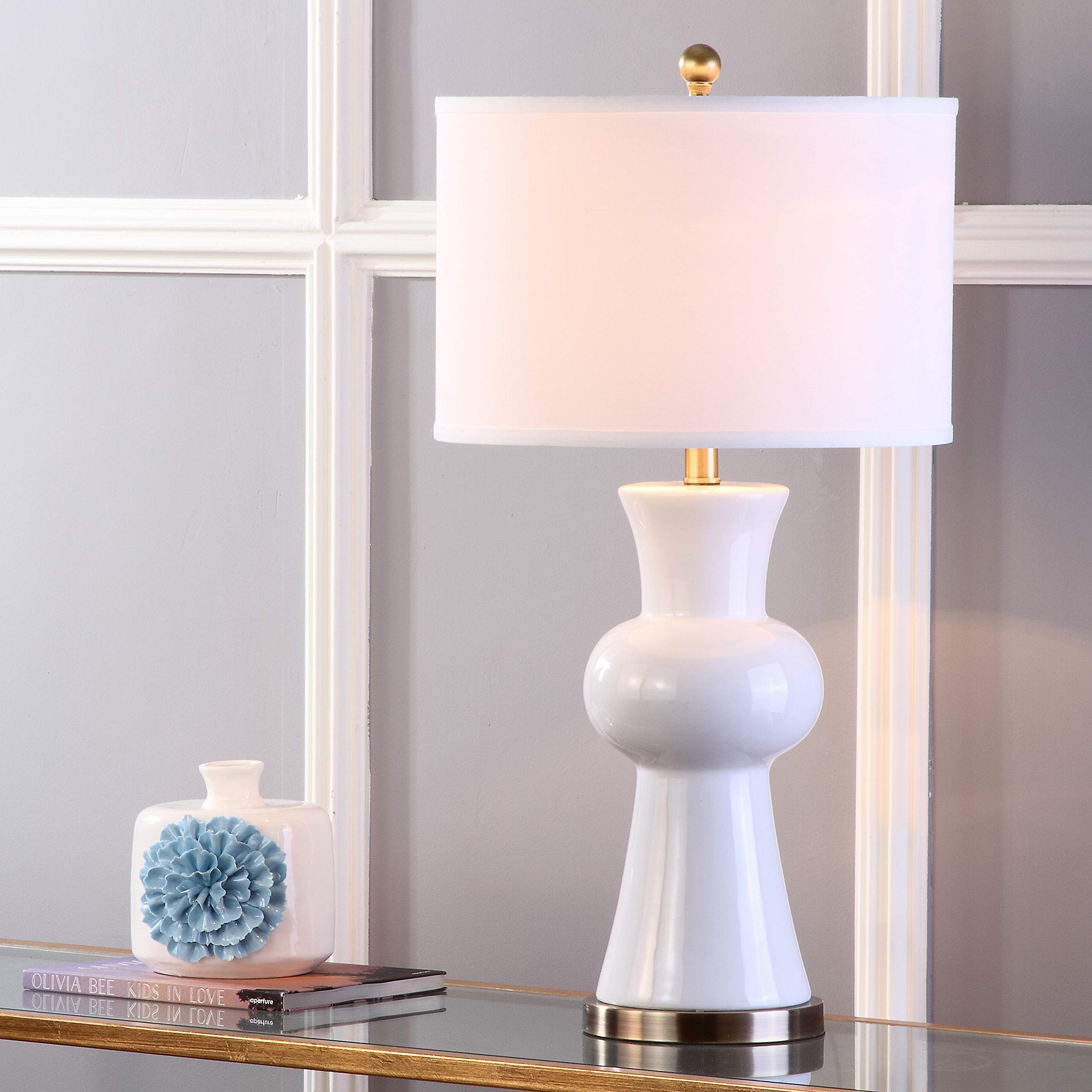 SAFAVIEH Lola Modern White Ceramic Table Lamp - 30-inch Column Design for Bedroom, Living Room, Home Office & Nightstand (LED Bulbs Included) | Perfect for Reading, Working & Creating Cozy Ambiance