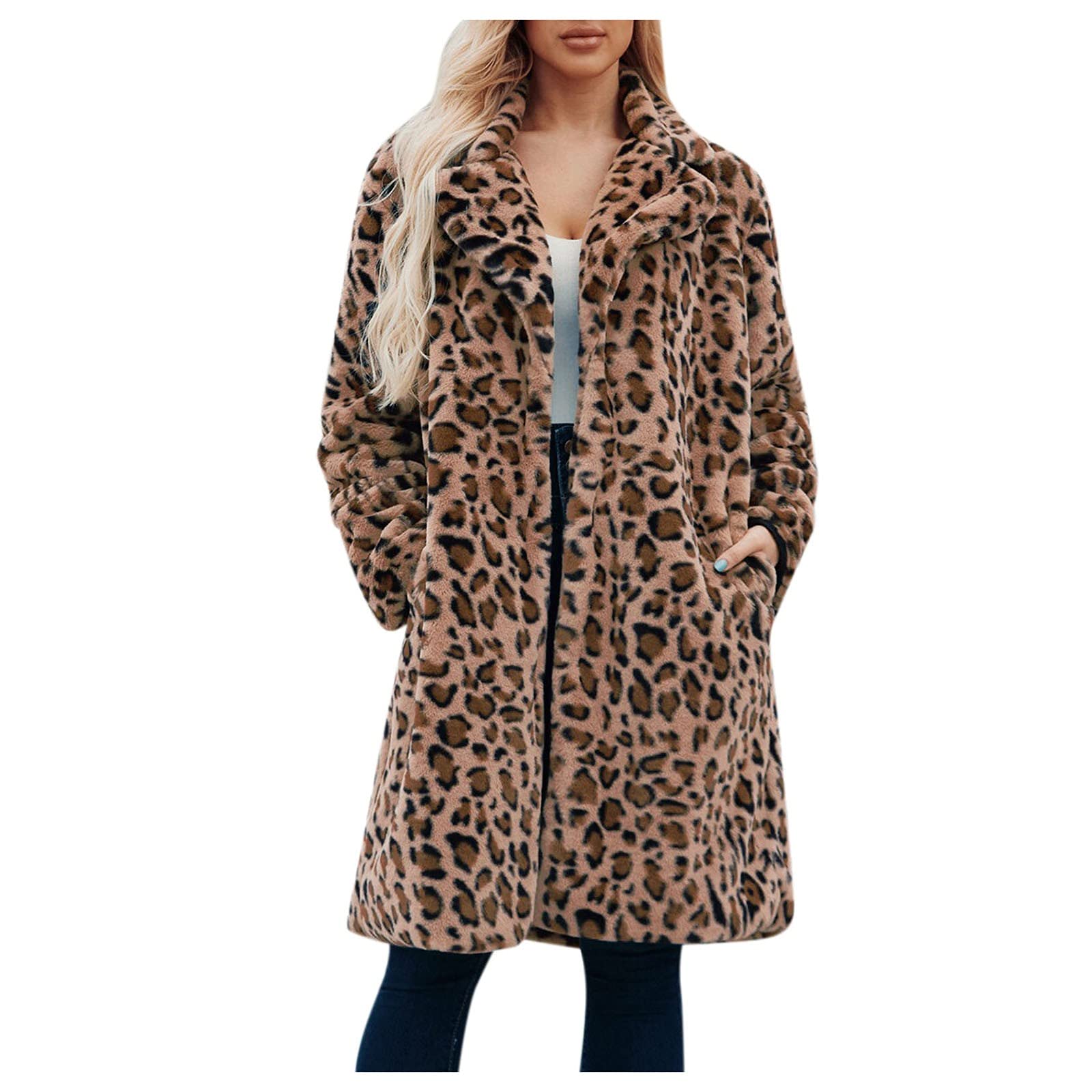Women's Faux Plush Leopard Print Coat Jacket - Warm Long Sleeve Lapel Cardigan for Winter Fashion | Perfect for Office, Dating & Casual Outfits