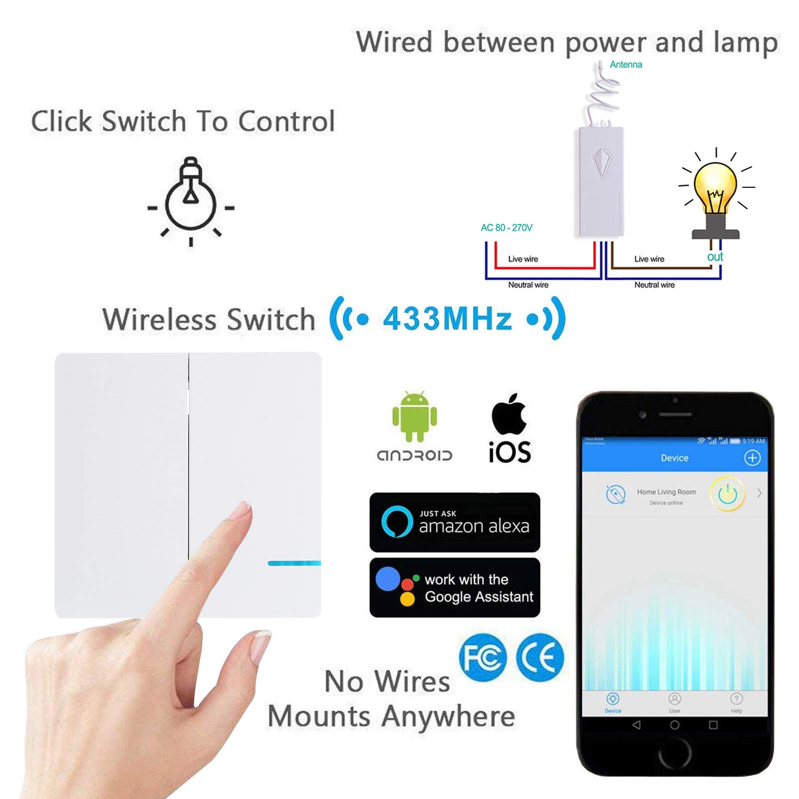 GREENCYCLE Smart WiFi Switch - Wireless Remote Control for Home Appliances, Works with Alexa & Google Assistant, DIY Smart Home via iPhone/Android App (2x 2-Way Switches + 4x WiFi Receivers) - Perfect for Lighting, Fans & Small Electronics