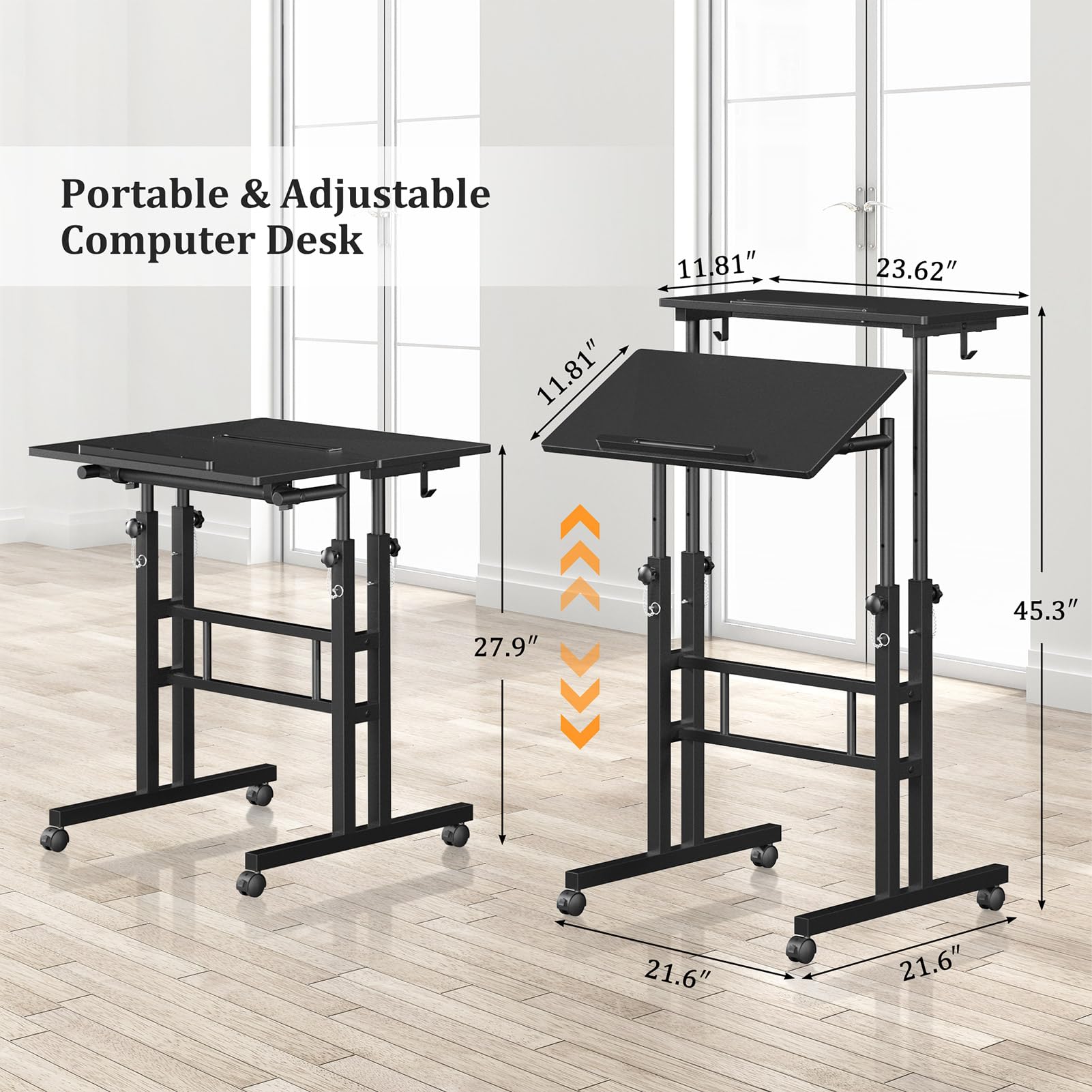 Adjustable Height Mobile Standing Desk with Wheels - Portable Rolling Computer Desk for Home & Office - Perfect for Walking Pads, Workspaces & Small Areas