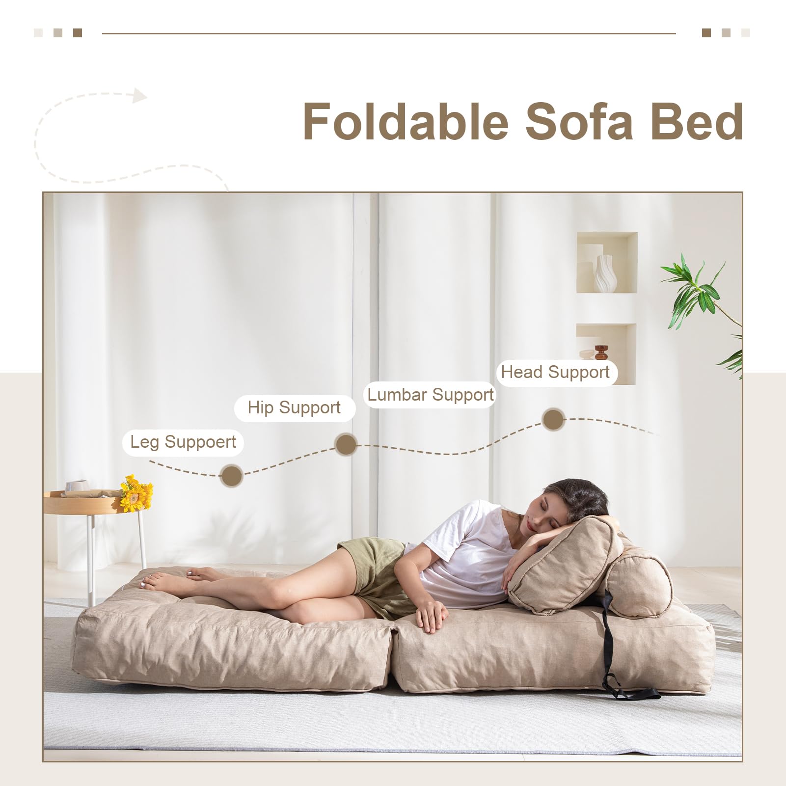 MAXYOYO Folding Couch Sofa Bed - Convertible Sleeper Chair with Back Support & Pillow, Beige - Perfect for Small Spaces, Guest Rooms & Apartments