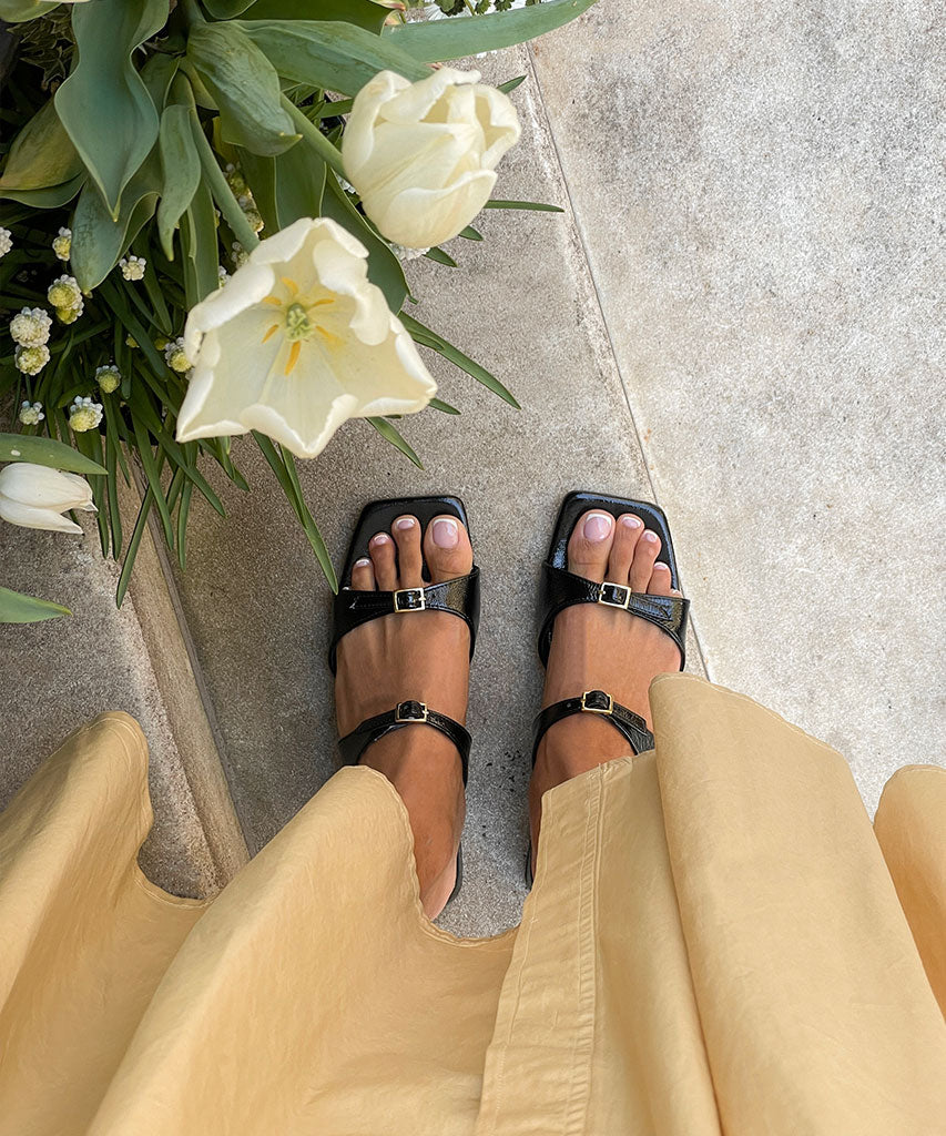 LAVERN SANDALS for Women - Midnight Crinkle Patent Leather Slide Sandals | Comfortable Summer Beach Shoes | Perfect for Vacation, Poolside & Casual Outings
