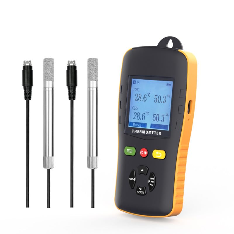 Dual Channel Temperature and Humidity Data Logger with USB Probe - Industrial Handheld Thermometer Hygrometer with Auto Report & Sound Alarm for Greenhouse, Freezer, Warehouse, and Lab Monitoring