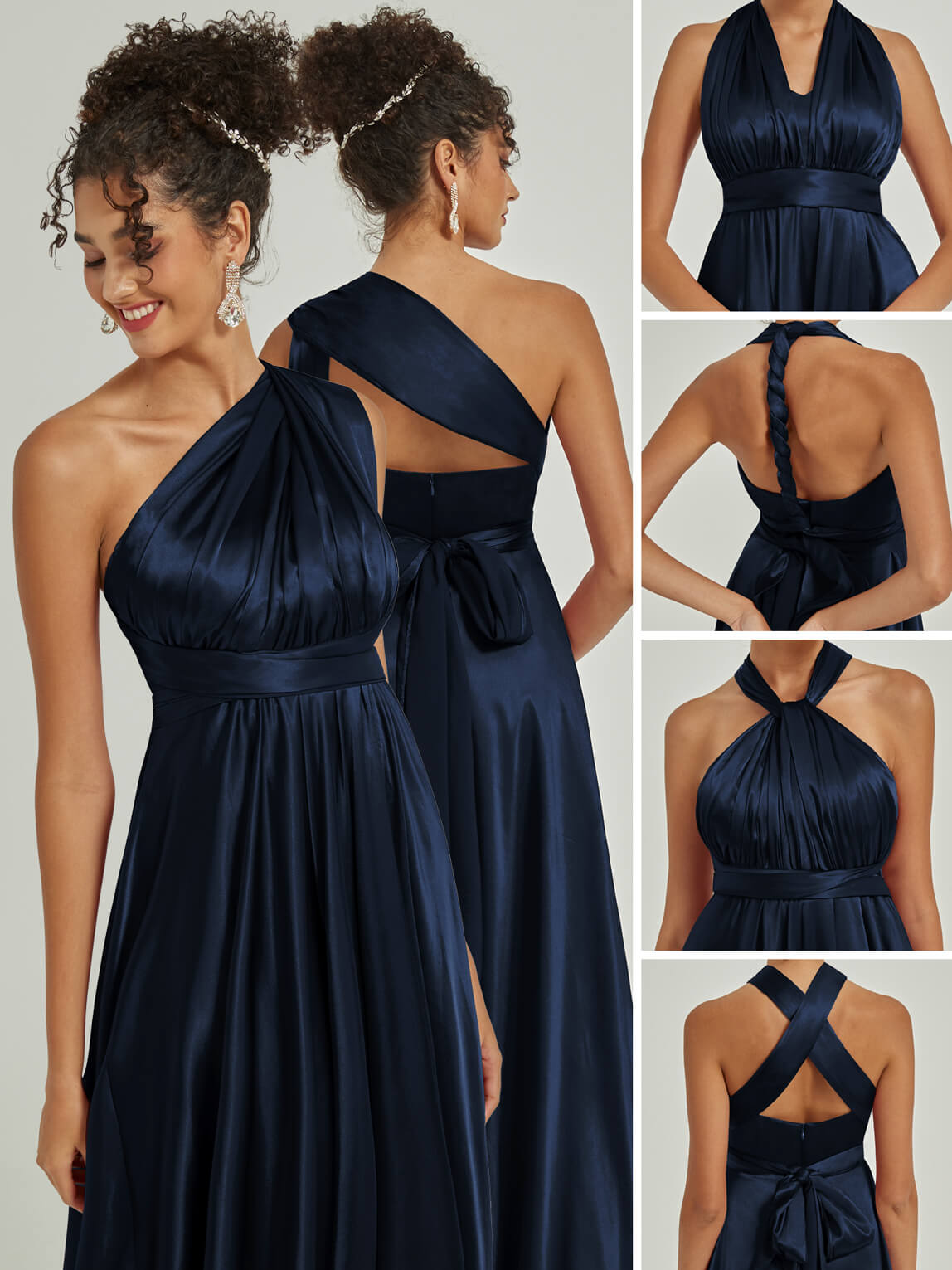 Elegant Dark Navy Satin Convertible Bridesmaid Dress - Multi-Way Wrap A-Line Gown for Weddings, Parties & Formal Events