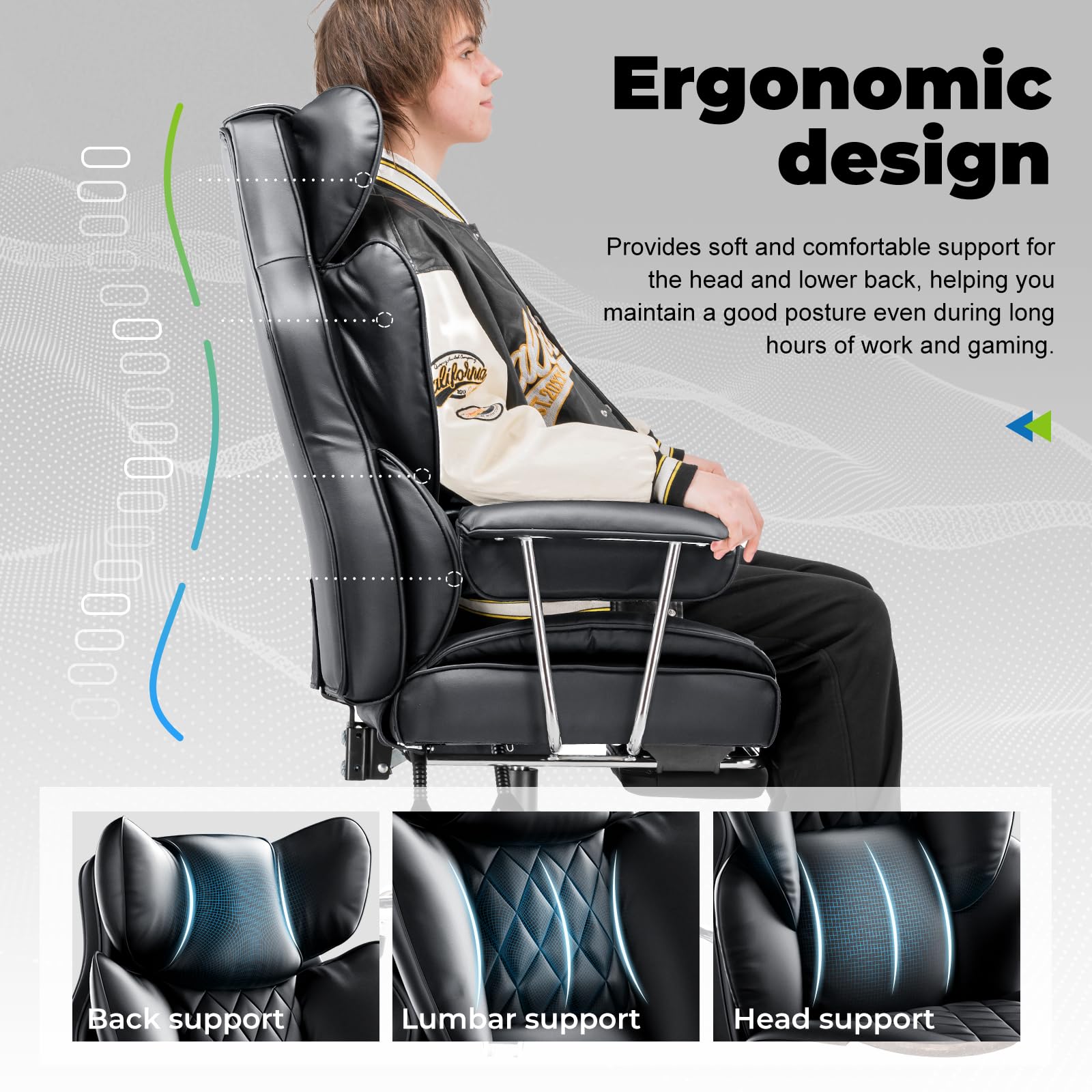 COMHOMA Big and Tall Office Chair - High Back Ergonomic Executive Chair with Footrest, Lumbar Support & Adjustable Armrests | Premium Leather Gaming Chair for Home Office, Computer Desk & Workspace Comfort
