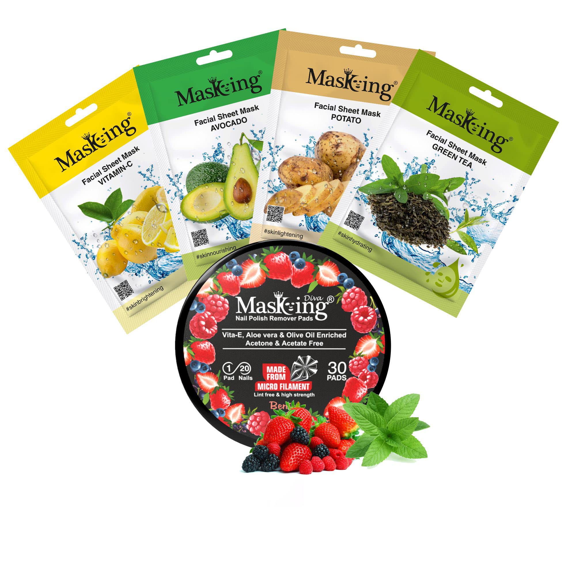 MasKing Beauty Facial Sheet Mask Set - 4 Pack with Lemon, Avocado, Potato & Green Tea Extracts for Hydration & Brightening | Diva Berries Nail Polish Remover Pads (30 Count) - Perfect for Spa Day, Travel & At-Home Skincare Routine