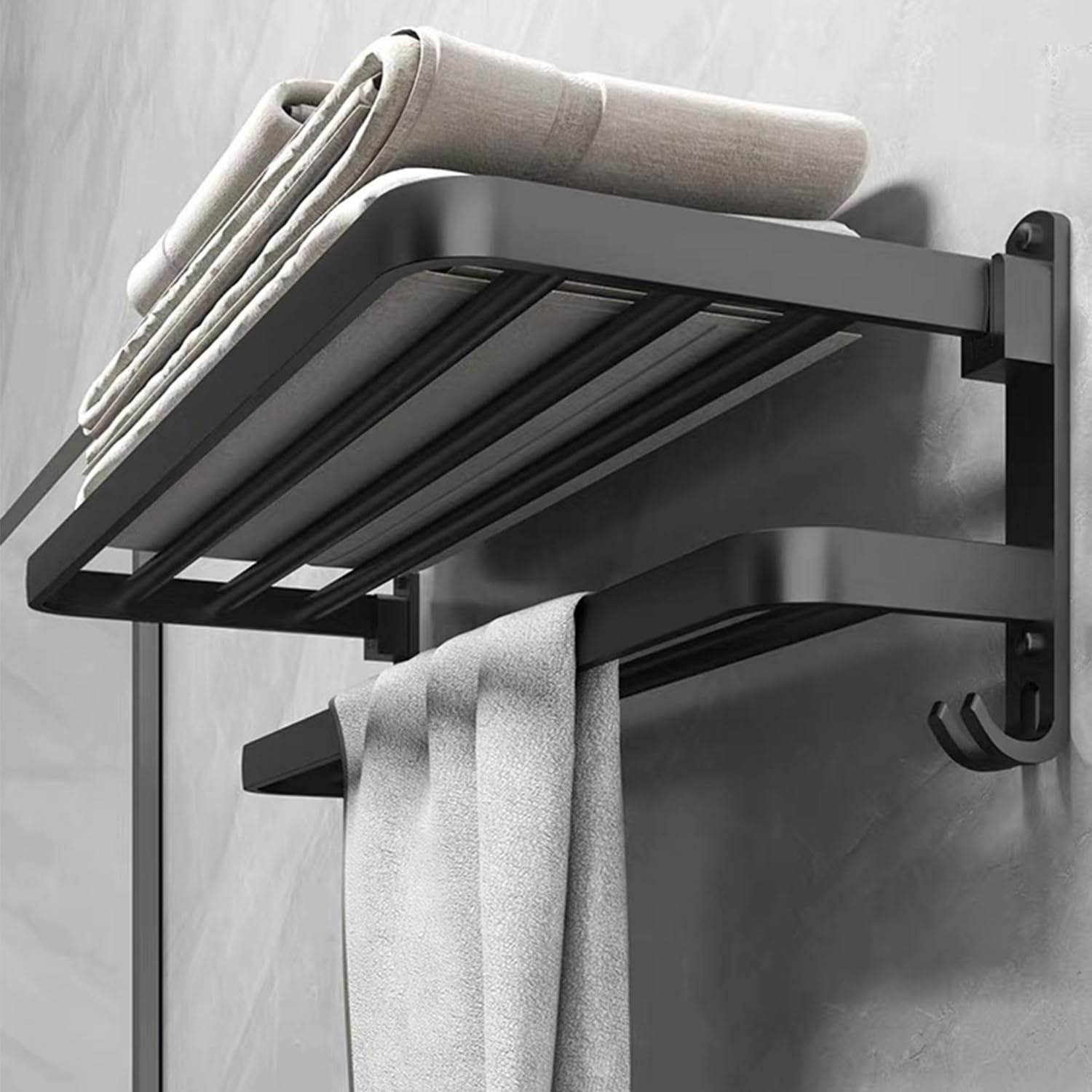 No Drill Foldable Towel Rack - 24 Inch Stainless Steel Wall Mounted Bathroom Towel Holder - Matte Black Space Saving Bathroom Accessories for Small Spaces, Apartments & Dorms - Perfect for Showers, Vanities & Laundry Rooms