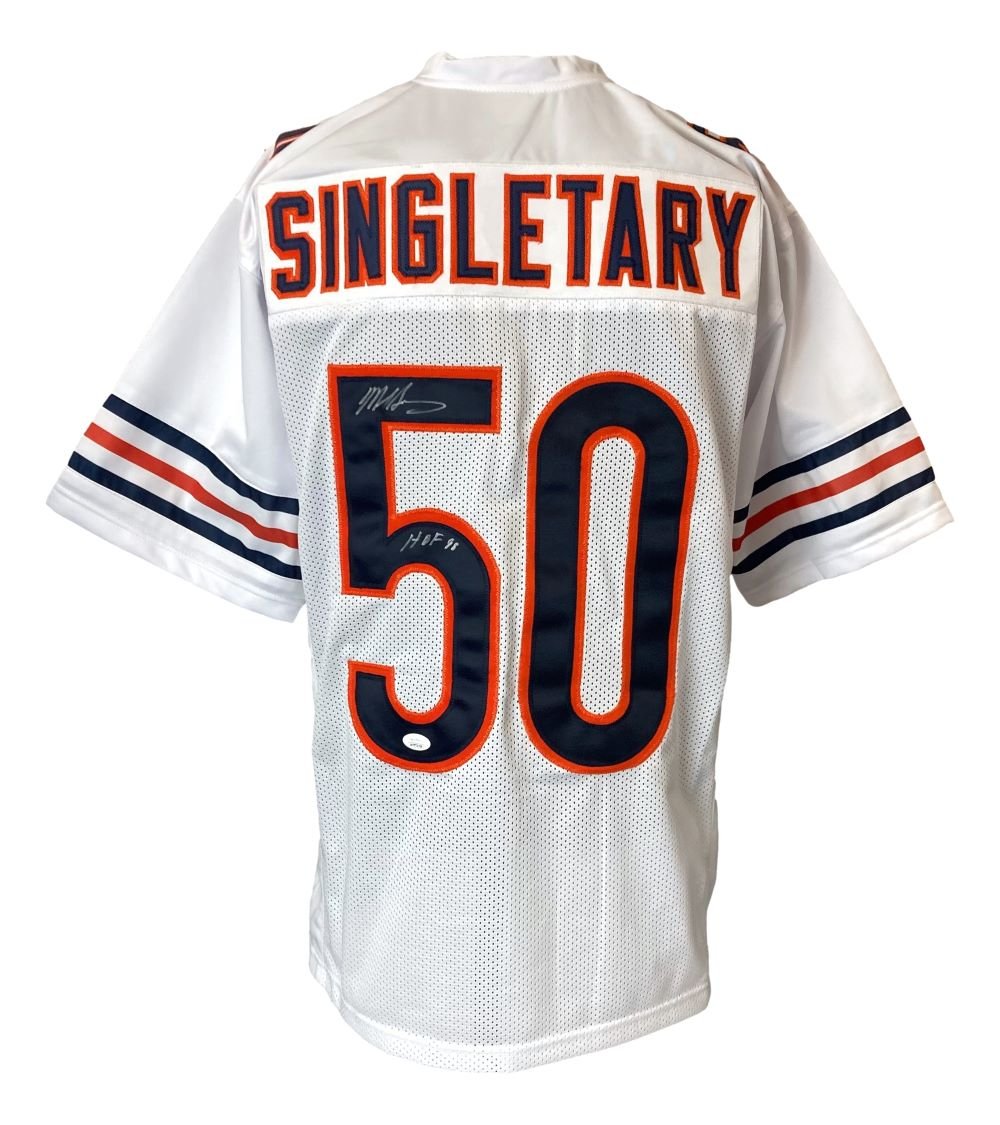 Mike Singletary Autographed Chicago Bears White Football Jersey - HOF 98 Inscription with JSA Certification - Perfect for NFL Memorabilia Collectors and Sports Fans Display