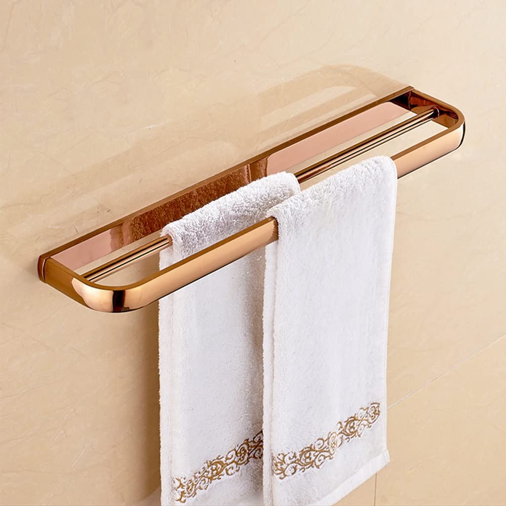 Rose Gold Full Copper Wall Mounted Towel Rack - Double Rod 60cm Bathroom Hardware Set with Towel Holder & Toilet Paper Stand | Modern Bathroom Organization for Small Spaces & Luxury Home Decor