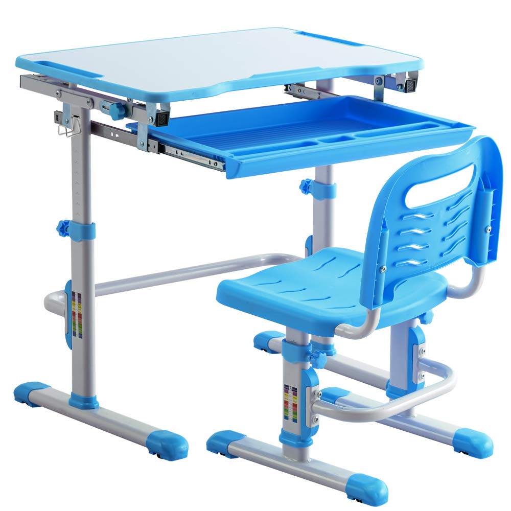 Adjustable Height Kids Study Desk and Chair Set with Storage - Ergonomic Children's School Furniture for Home Learning (Blue) | Perfect for Homeschooling, Online Classes & Homework Station