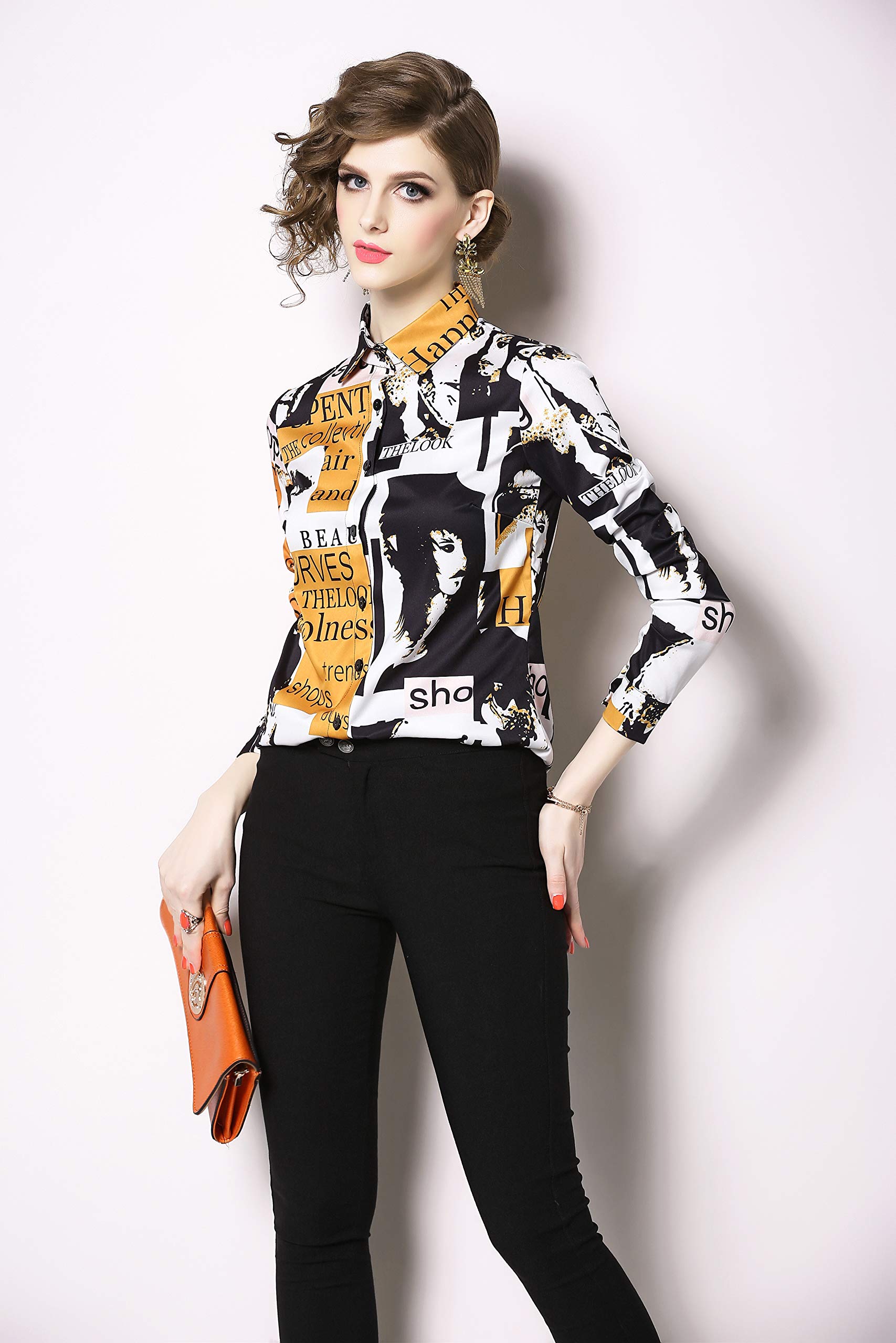 Women's Stylish Letter Print Long Sleeve Button-Up Blouse with Collar - Perfect for Office Wear, Casual Outfits & Everyday Fashion