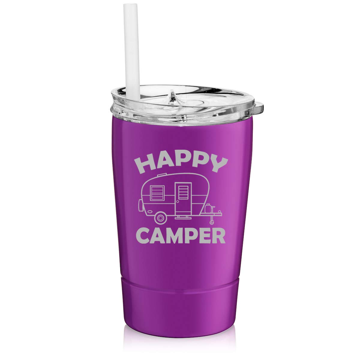 12 oz Double Wall Stainless Steel Vacuum Insulated Tumbler with Straw - Leakproof Travel Coffee Mug for Hot & Cold Drinks - Happy Camper Design (Purple) - Perfect for Camping, Office Commute and Outdoor Activities