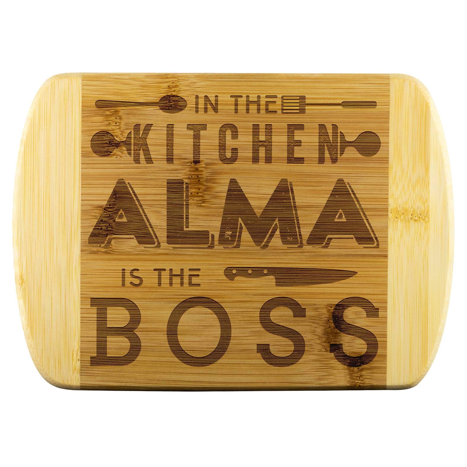 Funny Kitchen Cutting Board - Unique Mother's Day Gift, Bamboo Engraved with 'In The Kitchen Alma Is The Boss', Perfect for Cooking, Baking, and Home Decor