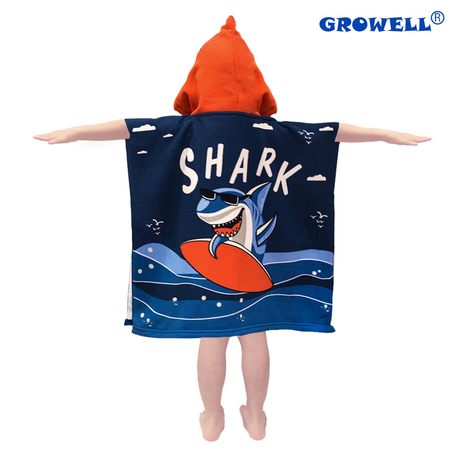 Shark Surfing Hooded Kids Beach Towel - Quick Dry Lightweight Soft Microfiber Poncho Towel 24x23 for Toddlers Boys & Girls Ages 1-6 | Swim Cover Up, Pool, Bath & Outdoor Activities