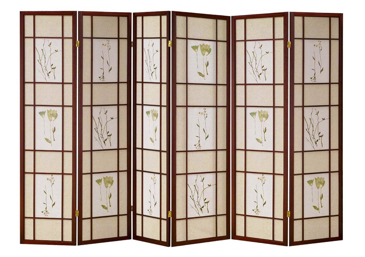 Japanese Shoji Floral Prints Wooden Room Divider Screen - 6 Panel Cherry Wood Folding Partition for Home Decor, Office Privacy & Zen Meditation Space