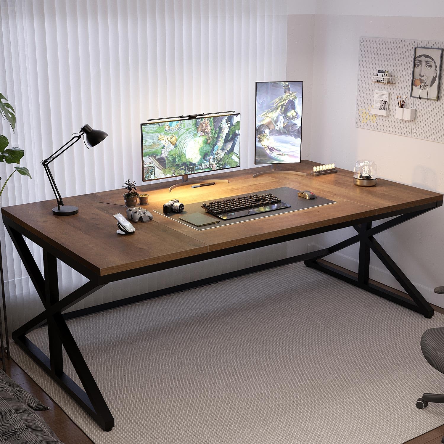 Rustic Large Computer Desk 70 Inch - Industrial Extra Long Home Office Desk, Wood PC Writing Work Study Table, Farmhouse Workstation Gaming Executive Desk for Two Person (Rustic Oak) - Perfect for Home Office, Study Room & Gaming Setup
