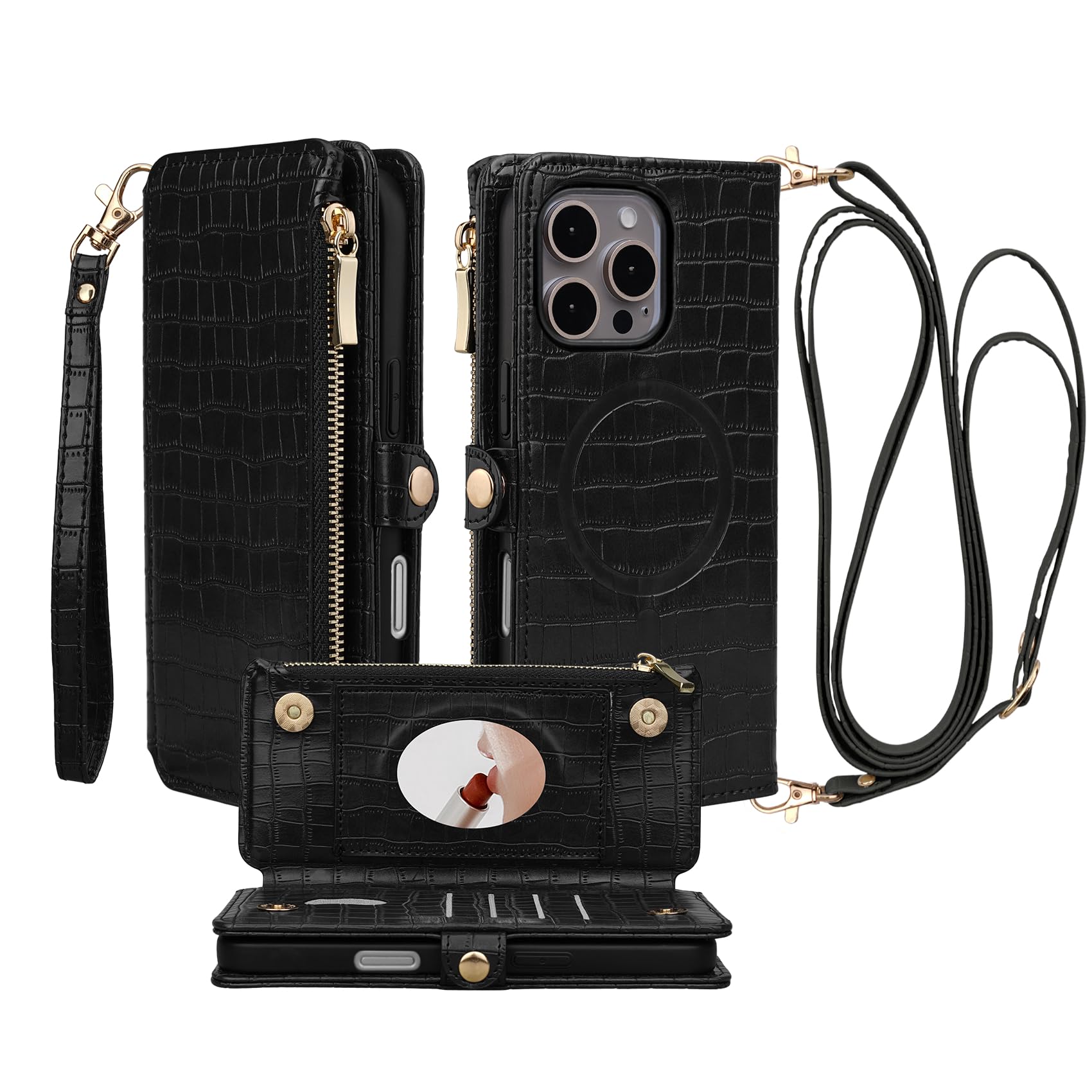 iPhone 16 Pro Max Crossbody Wallet Case with Mirror & Wrist Strap - RFID Blocking Magnetic Flip Cover, Zipper Purse & Card Holder - Wireless Charging Compatible PU Leather Shockproof Phone Case for Women (6.9