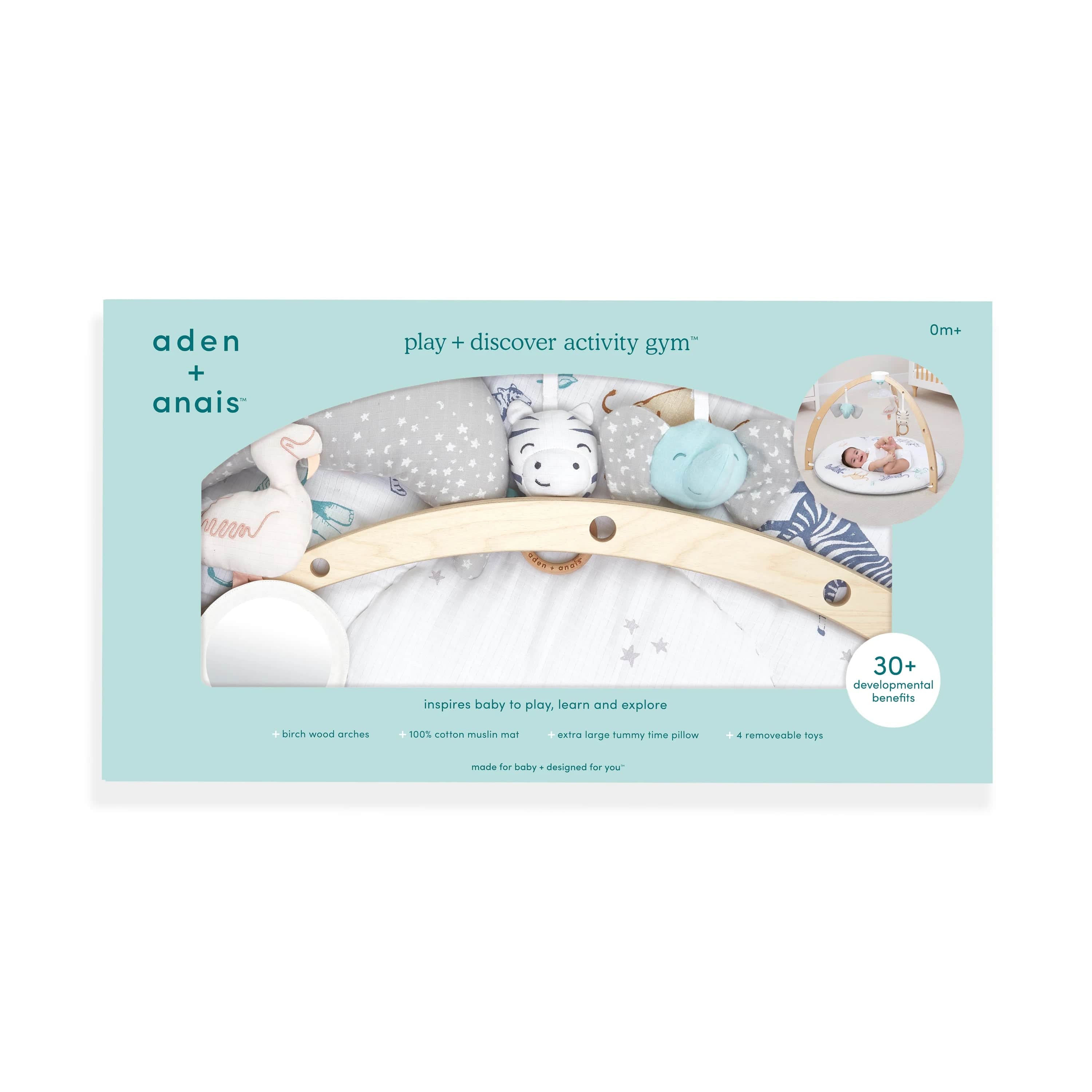 Aden+Anais Play and Discover Activity Gym for Babies - Soft Cotton Baby Play Mat with Hanging Toys for Tummy Time & Sensory Development - Perfect for Nursery, Daycare & Travel