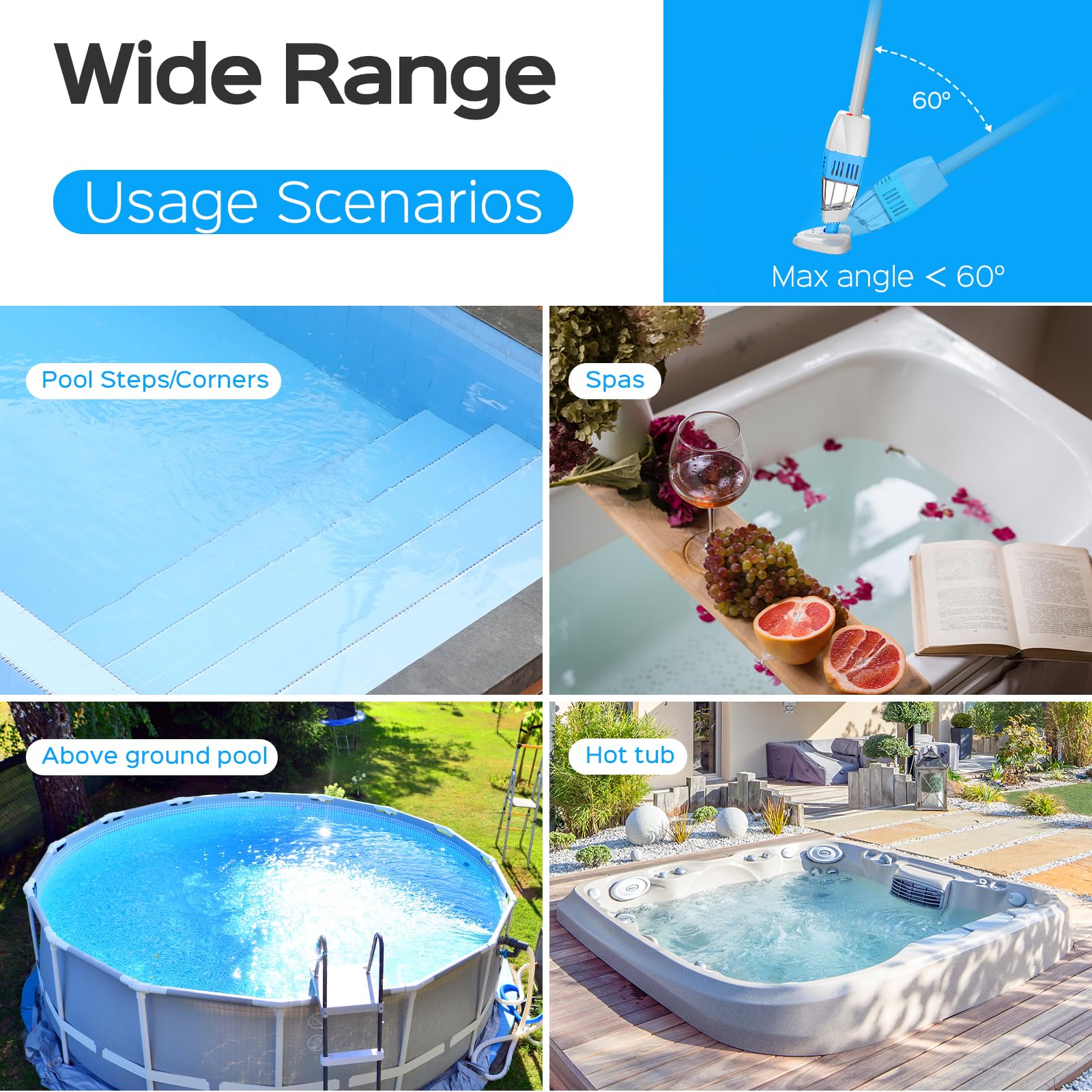 2024 Upgraded Cordless Handheld Pool Vacuum Cleaner with Telescopic Pole - 60 Mins Runtime for Deep Cleaning | Perfect for Small Inground & Above Ground Pools, Hot Tubs, Spas | Ideal for Quick Pool Maintenance & Spa Cleaning