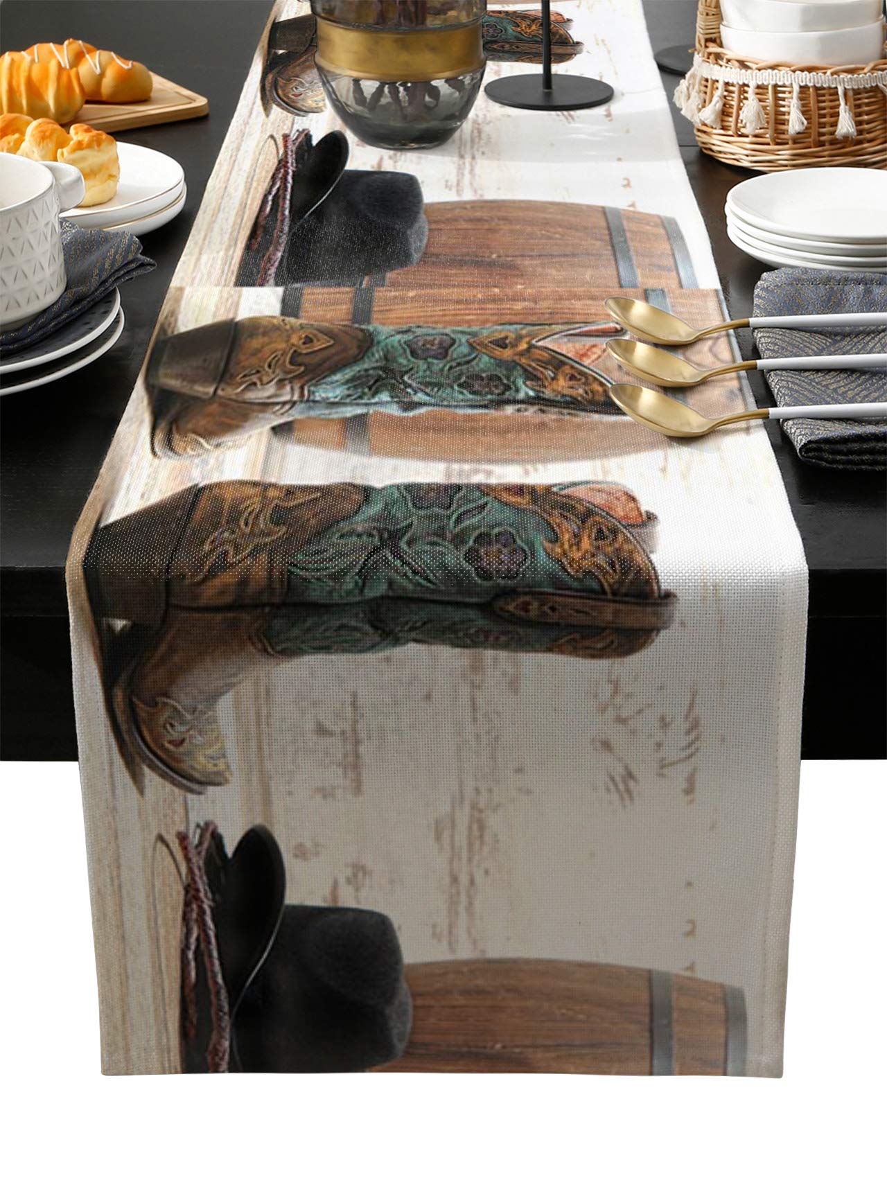 Floral Western Cowboy Boots Decor - Burlap Table Runner 72 Inches for Rustic Weddings, Farmhouse Parties & Home Decor | Wooden Barrel Bed Runner, Dresser Scarf, Tabletop Decor for Indoor & Outdoor Use (18