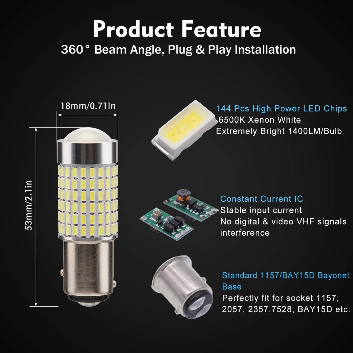 1400 Lumens Super Bright 144-SMD LED Bulbs 1157 2057 2357 7528 1157A - 9-30V Projector Light for Backup Reverse, Parking, Tail Brake Lights - Xenon White 6500K (2 Pack) - Perfect for Trucks, SUVs, Cars & Motorcycles