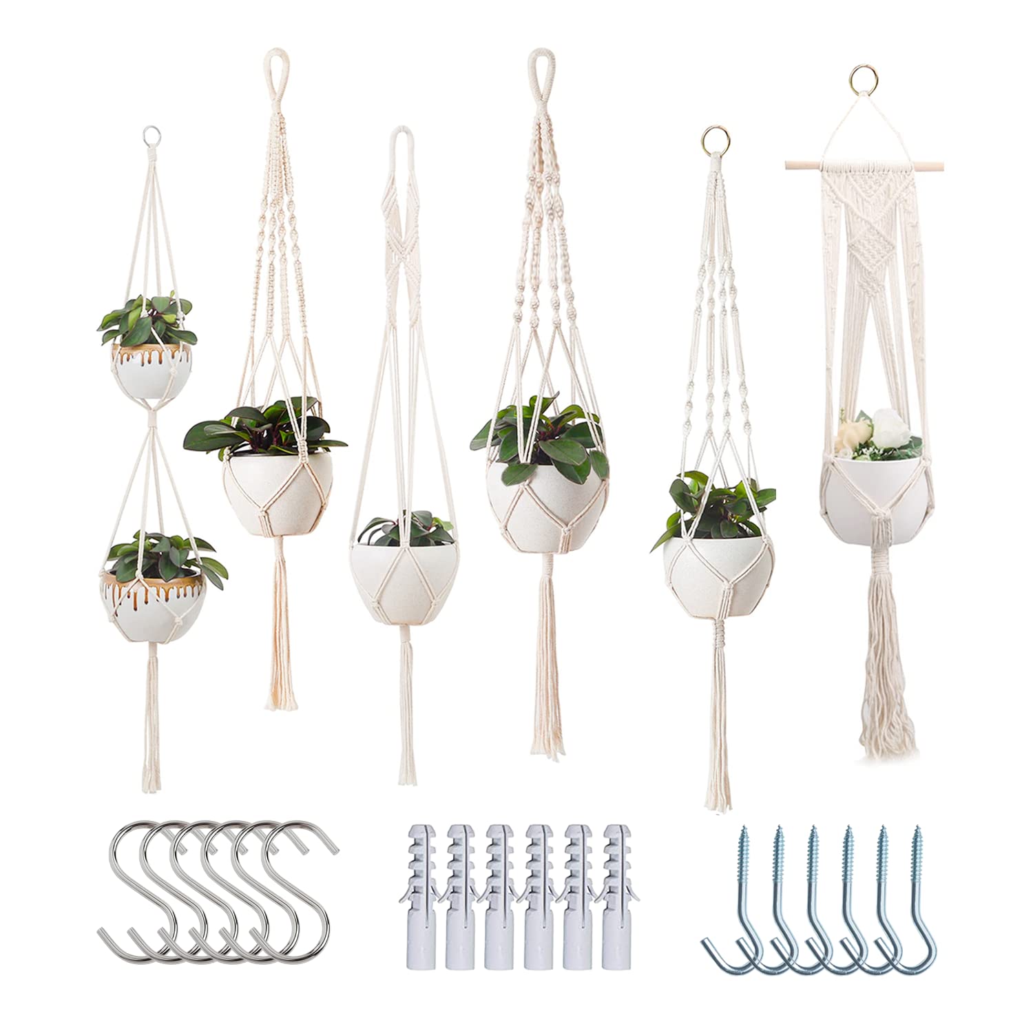 6 Pack Macrame Plant Hangers for Indoor & Outdoor Plants - Handmade Hanging Plant Holders with Flower Pots for Boho Home Decor, Living Room, Bedroom, Patio & Garden