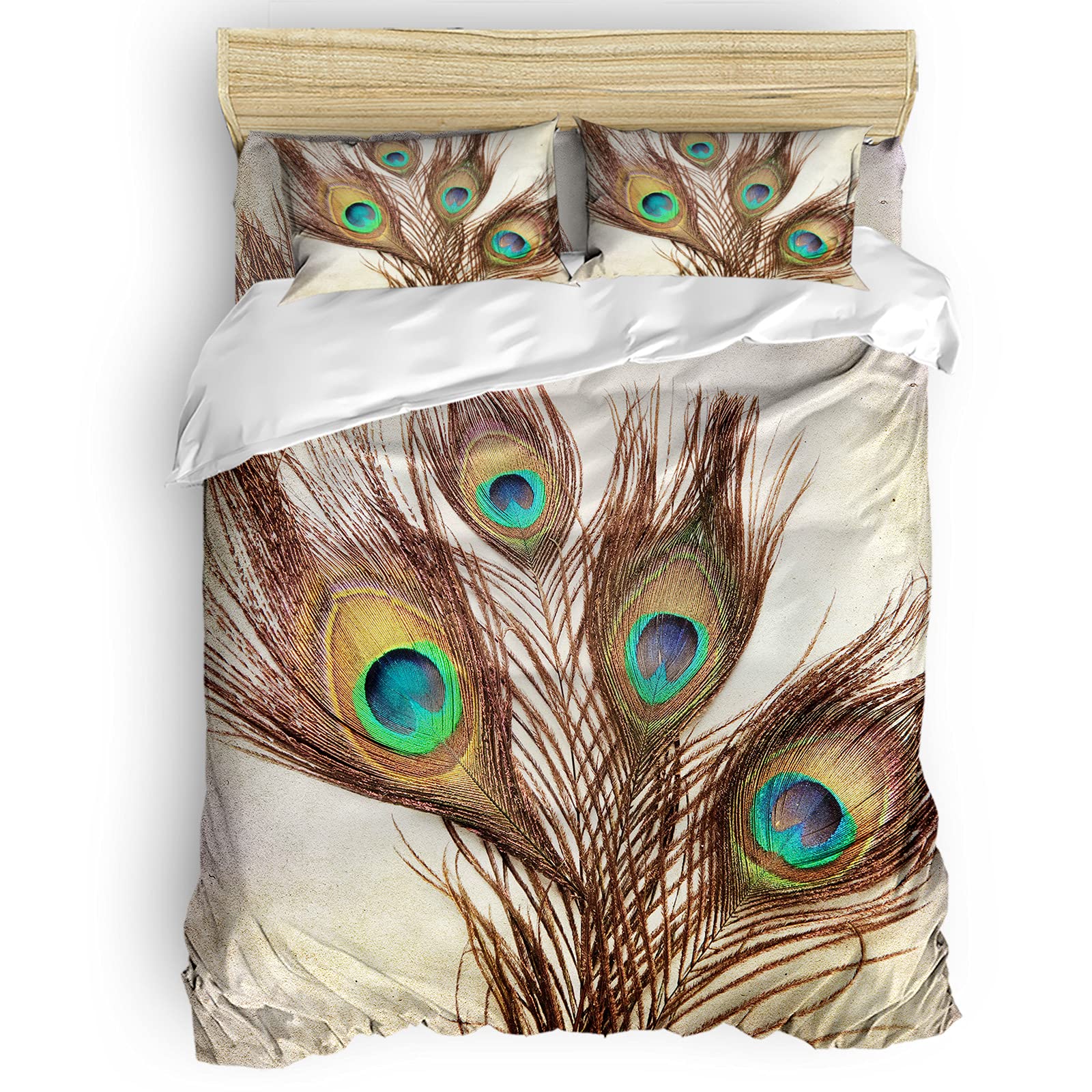 Laibao 3D Peacock Feather Duvet Cover Queen Size - Soft Animal Print Bedding Set with 2 Pillowcases & Flat Sheet, Breathable Comforter Cover for Boys & Girls | Perfect for Kids' Bedrooms, Guest Rooms & Cozy Home Decor