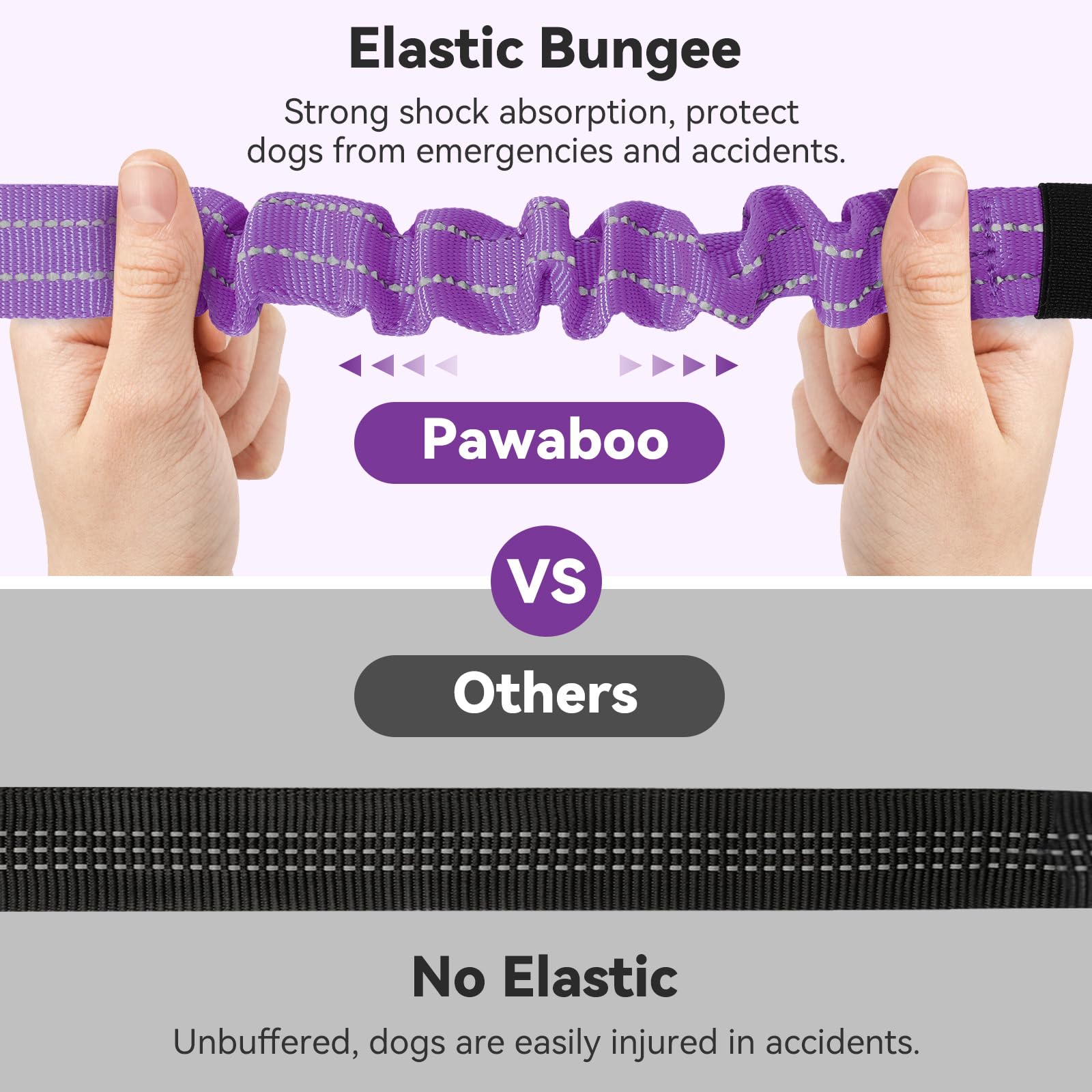 Pawaboo 2-Pack Adjustable Reflective Dog Car Seat Belt with Shockproof Bungee, 360° Lockable Buckle & Hook Latch - Purple | Safe Pet Travel Harness for Cars, SUVs & Road Trips | Perfect for Small to Medium Dogs