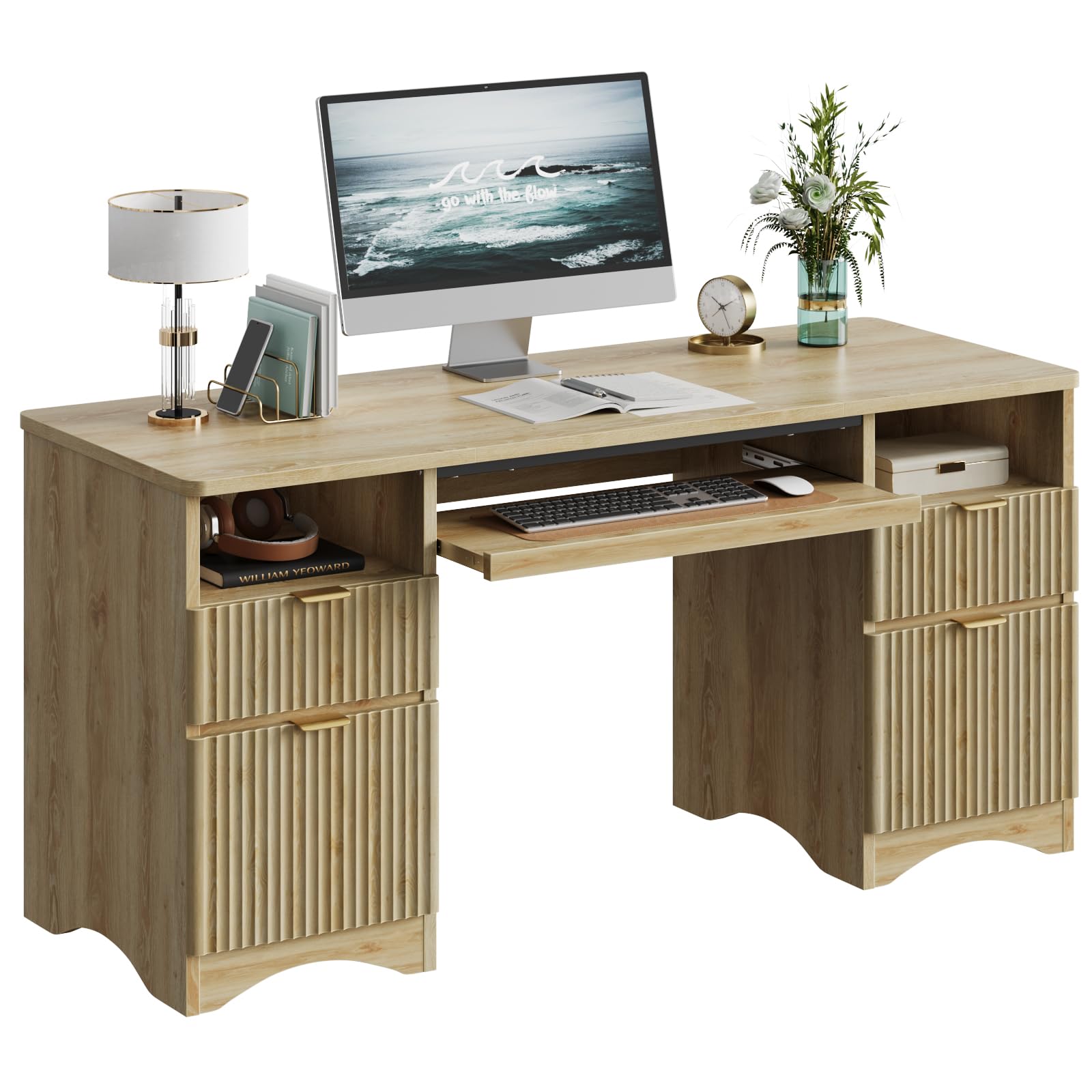 Bestier 59 Inch Computer Desk with Keyboard Tray & 4 Drawers - Modern Home Office Desk with File Storage (Natural Oak) - Perfect for Small Spaces, Gaming & Remote Work Setup