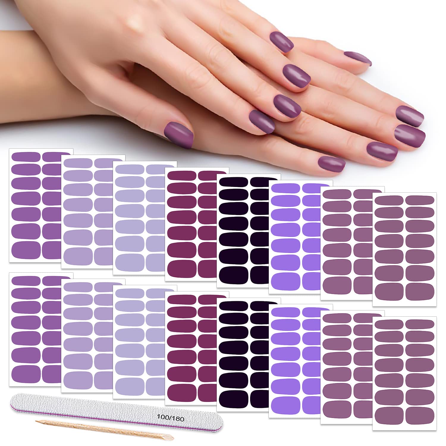 DANNEASY 16 Sheets Nail Polish Strips for Women - Self Adhesive Gel Nail Wraps, Solid Color Nail Stickers with Nail File & Cuticle Stick (Purple) | Perfect for Home Manicures, Parties & Gifts