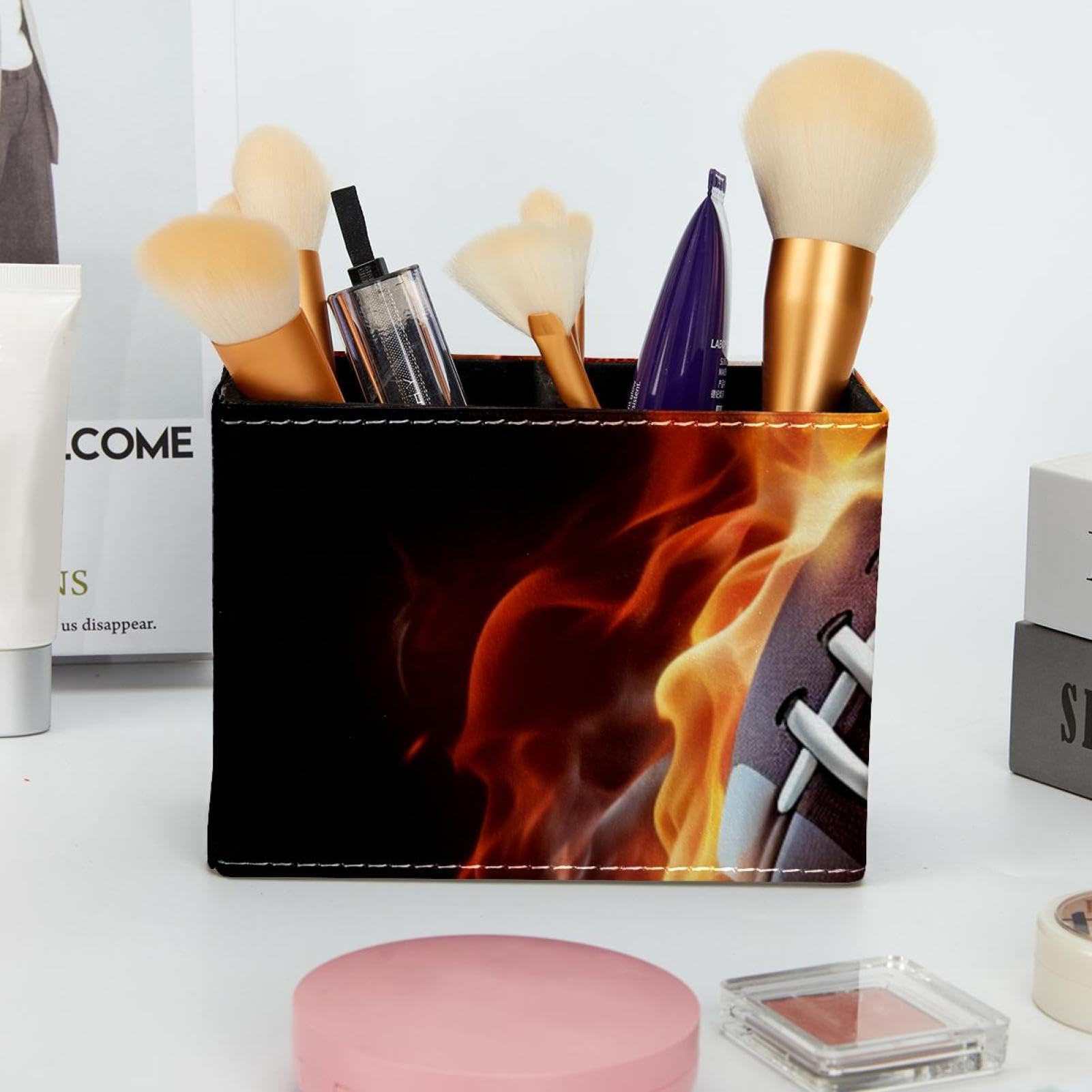 Football & Fire Themed Pen Holder for Desk - Stylish Pen Organizer & Desk Accessory for Office, School, or Home Workspace