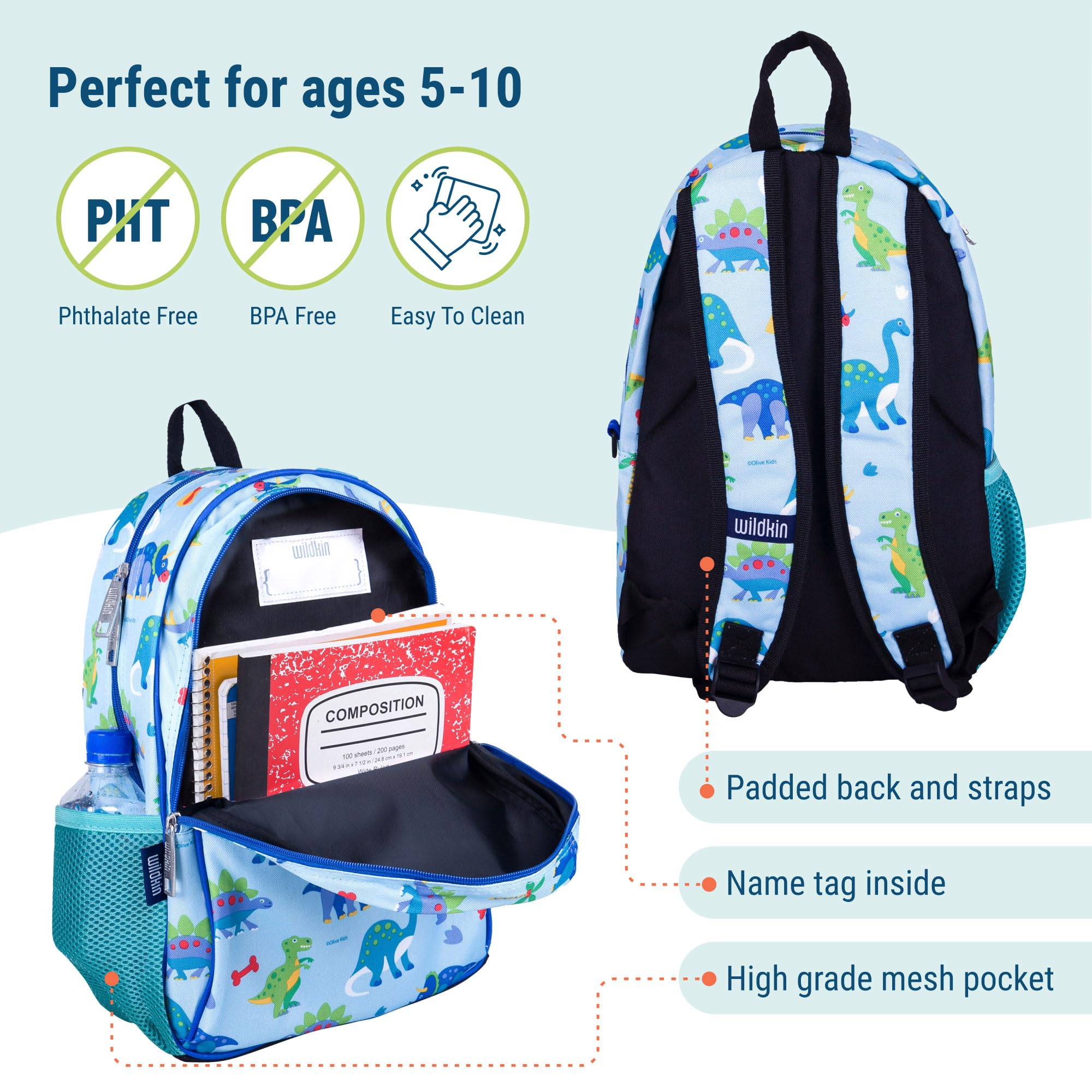 Wildkin 15 Inch Dinosaur Themed Kids Backpack Set with Matching Lunch Box - School Backpack for Boys & Girls, Perfect for Preschool, Kindergarten and Daycare Use