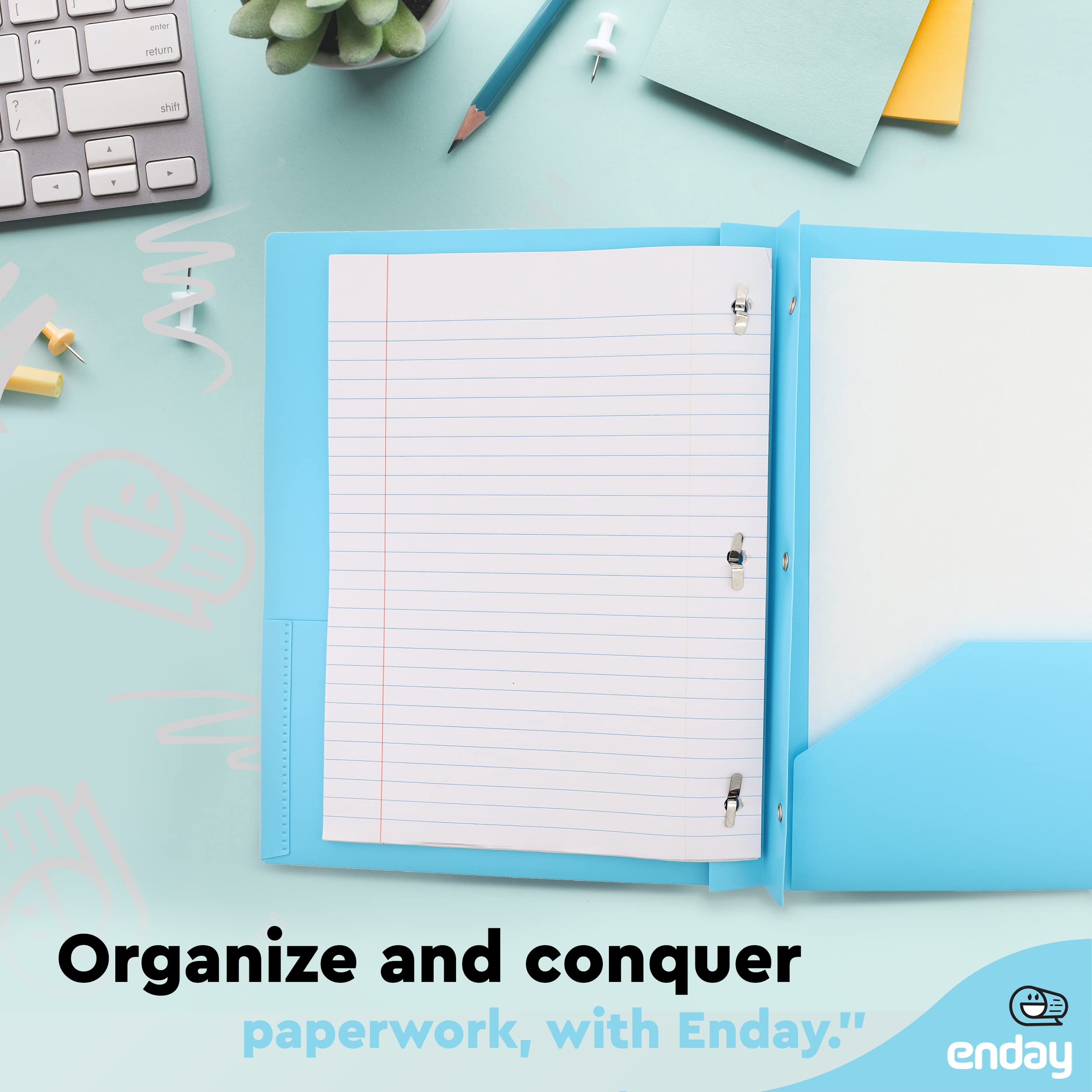 Enday 6-Pack Blue Plastic 3-Prong Folders with Pockets - Letter Size 2-Pocket Folders with Brads for School, Office & Home Organization (Also in Purple, Green, Red, Pink, Grey) - Perfect for Filing Documents, Homework & Paper Storage