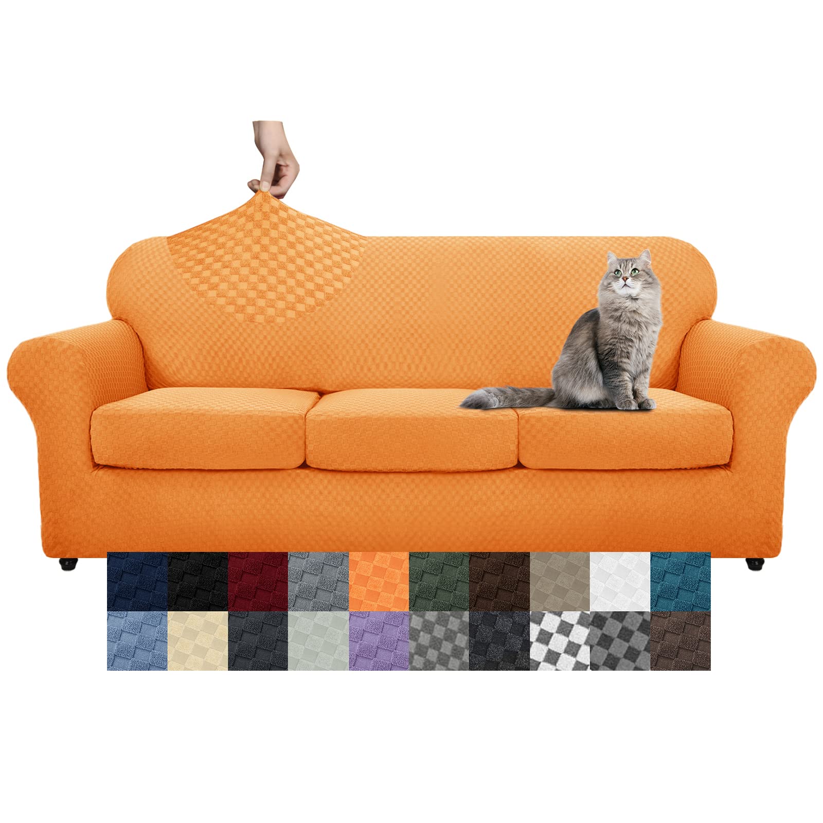 YEMYHOM 4-Piece Checkered Stretch Sofa Cover Set - Extra Large Pet-Friendly Couch Protector with Anti-Slip Design for 3-Cushion Couches (Orange) | Perfect for Pet Owners & Home Decor Protection
