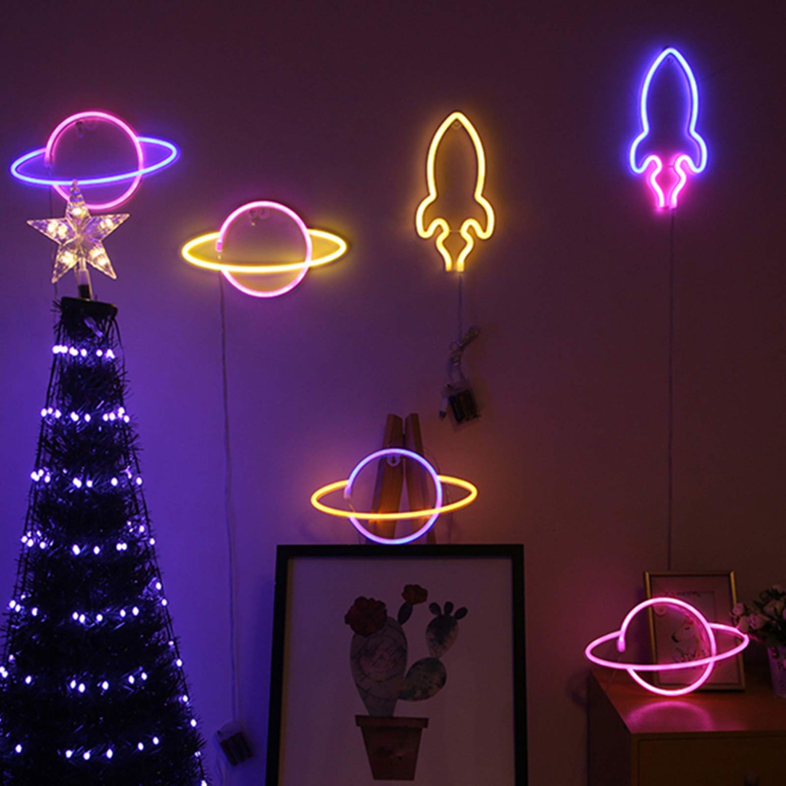 Creative Rocket & Planet Shape LED Neon Light Sign - USB Powered Room Decor for Home, Party, Wedding & Christmas - Night Lamp & Wall Art for Bedroom, Bar, Cafe, Office