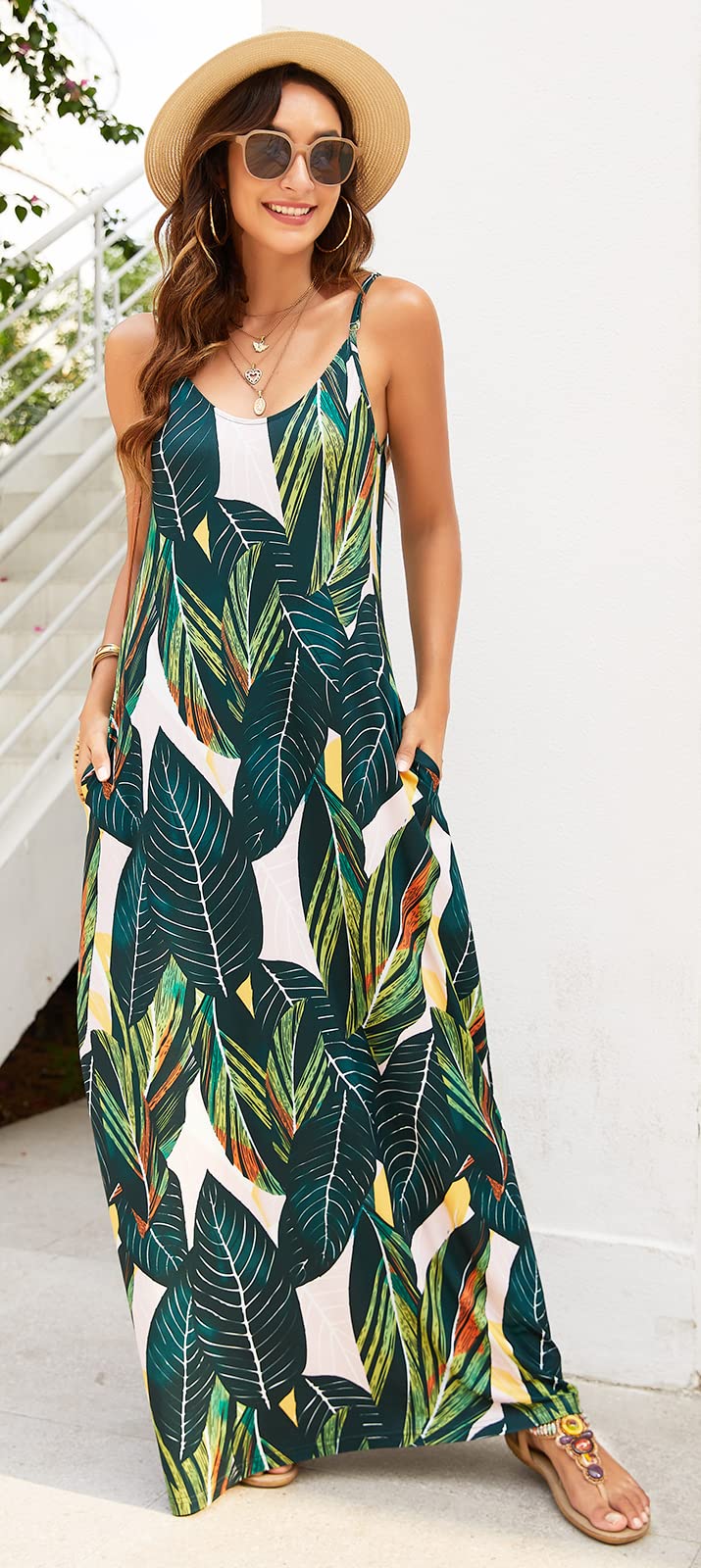 Supnier Women's Summer Maxi Dress - Casual V-Neck Sleeveless Bohemian Floral Long Dress with Spaghetti Straps & Pockets | Perfect for Beach Vacations, Date Nights & Outdoor Parties