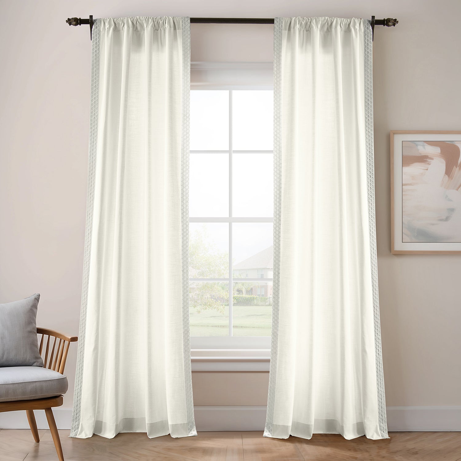 Scalloped White Bordered Modern Hampton Textured Cotton Light Filtering Curtains - Elegant Window Treatment for Living Room, Bedroom & Dining Room