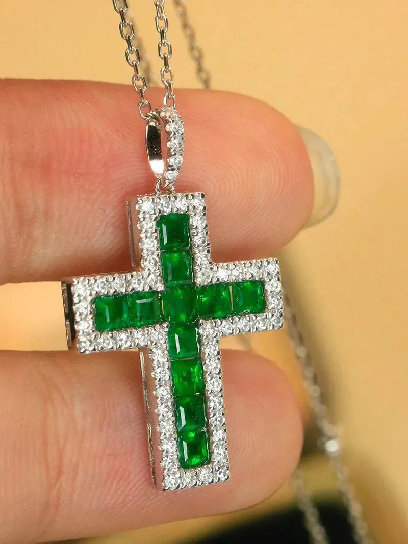18K White Gold Diamond Cross Pendant Necklace for Women with Genuine Emerald Gemstone - Elegant Jewelry Gift for Christmas, Birthday & Special Occasions