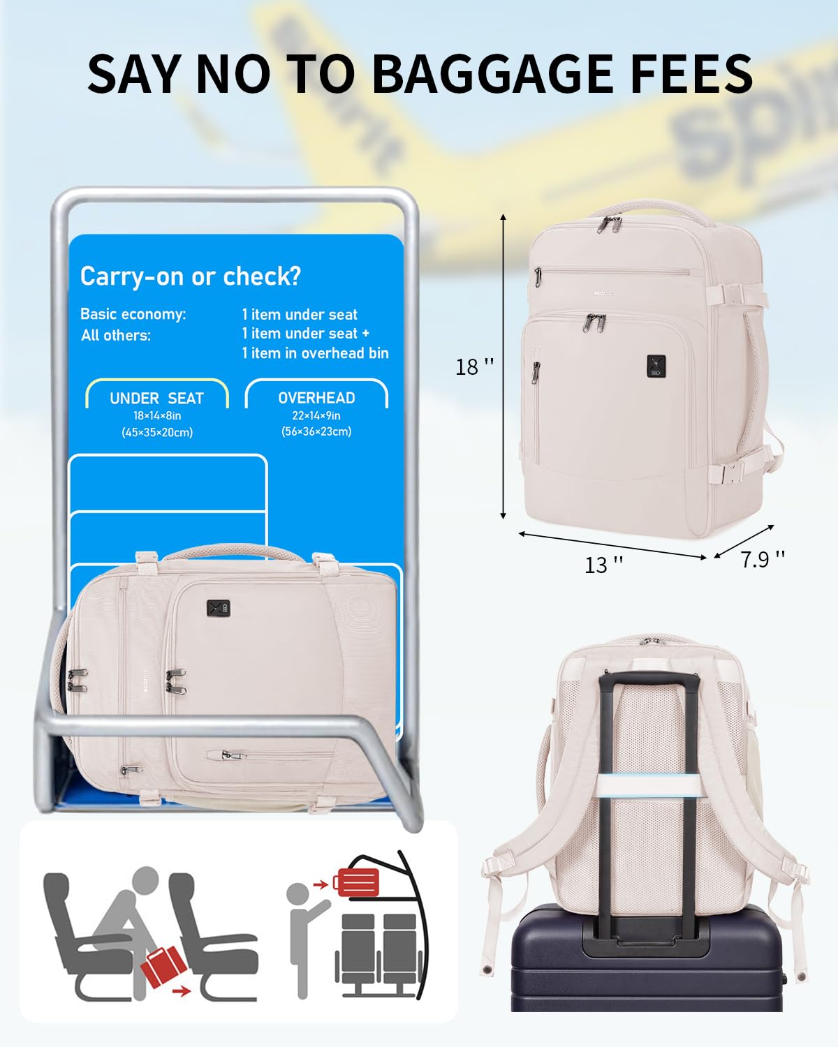 ECOHUB Women's Travel Backpack 30L - Airline Approved Carry On Personal Item Bag (18x14x8 Inch) with USB Charging Port & 14 Pockets, Includes Clear Toiletry Bag - Perfect for Spirit Airlines & Under Seat Storage - Ideal for Business Travel, Weekend Getaways & Commuting