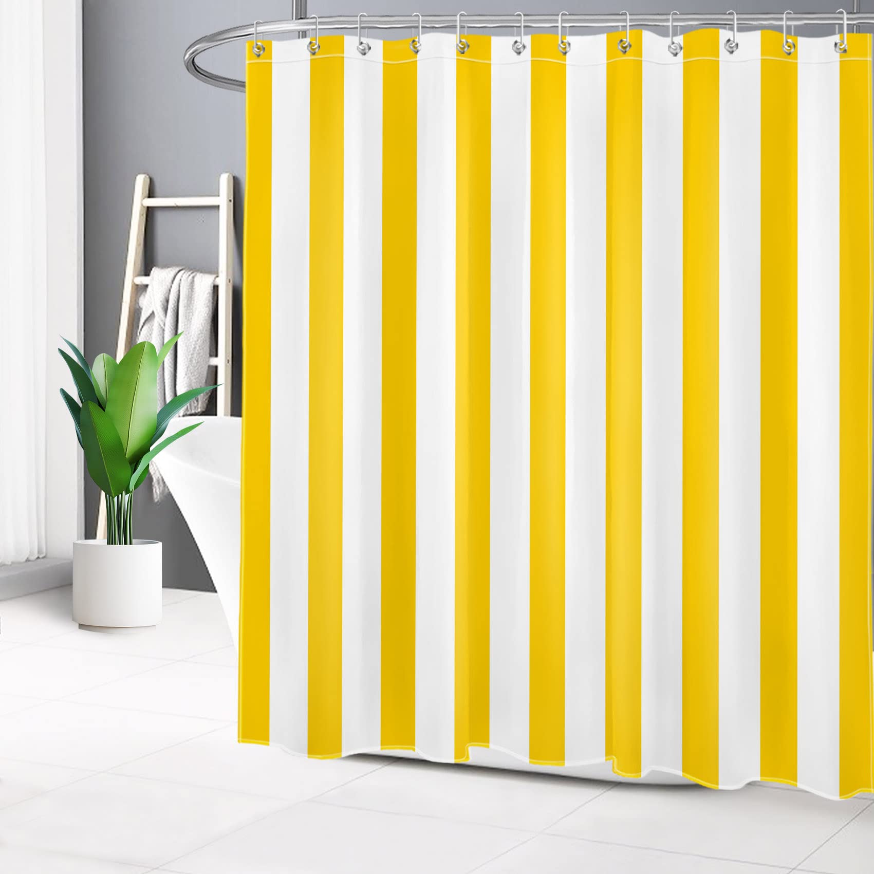 HVEST Yellow and White Striped Shower Curtain - Modern Minimalist Bathroom Decor with Hooks, 72x78 Inch Polyester Fabric - Perfect for Contemporary Bathrooms, Guest Baths & Spa-Like Retreats