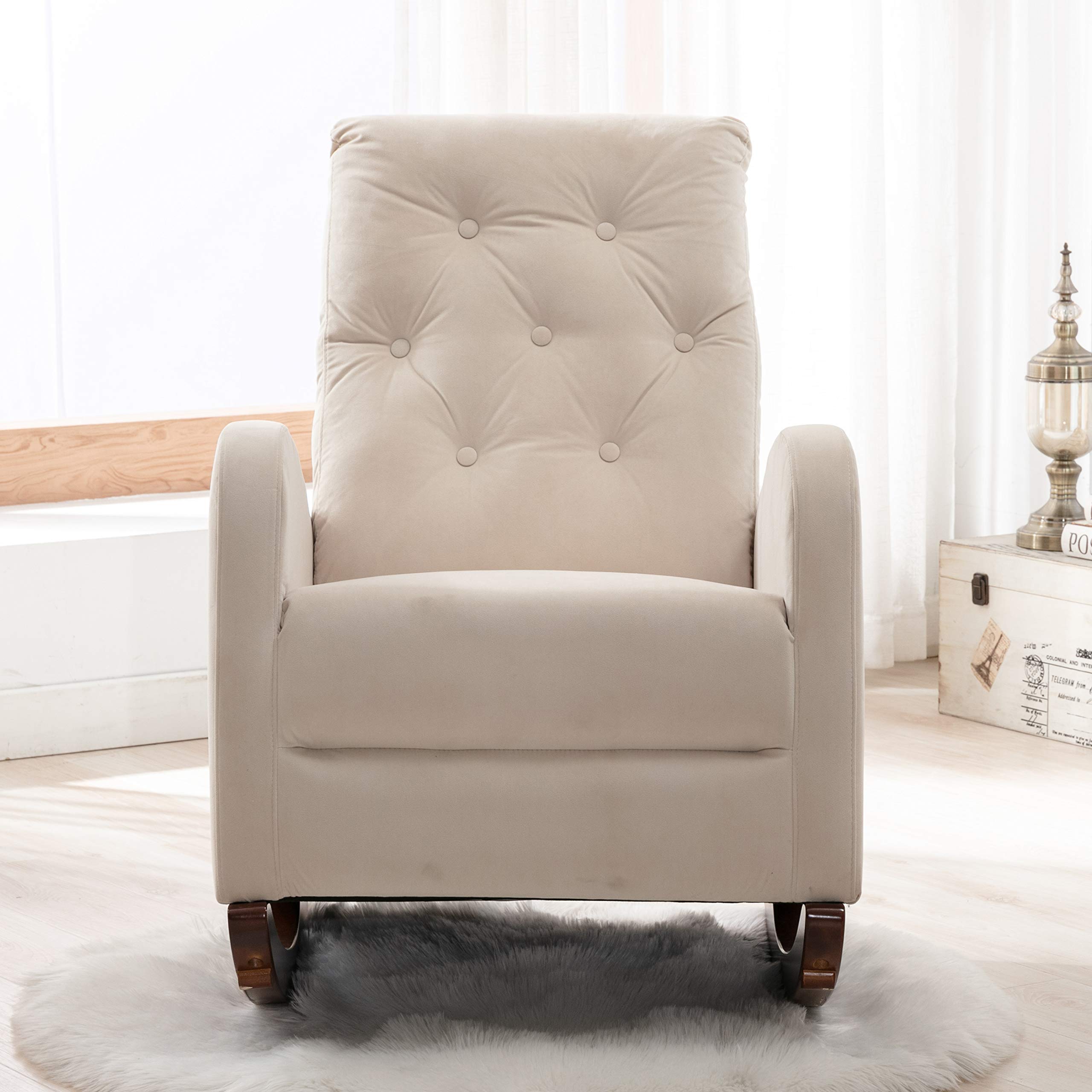 HomVent Baby Nursery Rocking Chair - High Back Comfortable Rocker with Padded Seat, Modern Armchair for Breastfeeding & Relaxing (Beige) | Perfect for Nurseries, Bedrooms & Living Rooms