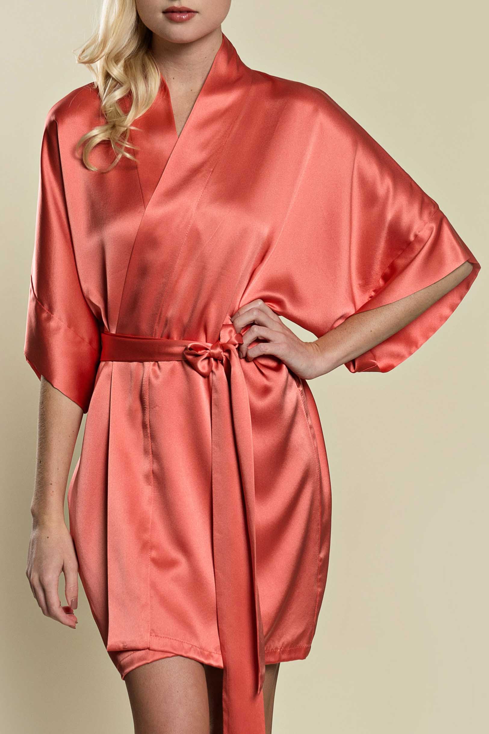 Samantha Silk Kimono Robe - Coral Floral Print Women's Luxury Loungewear for Spa, Bridal & Home Relaxation